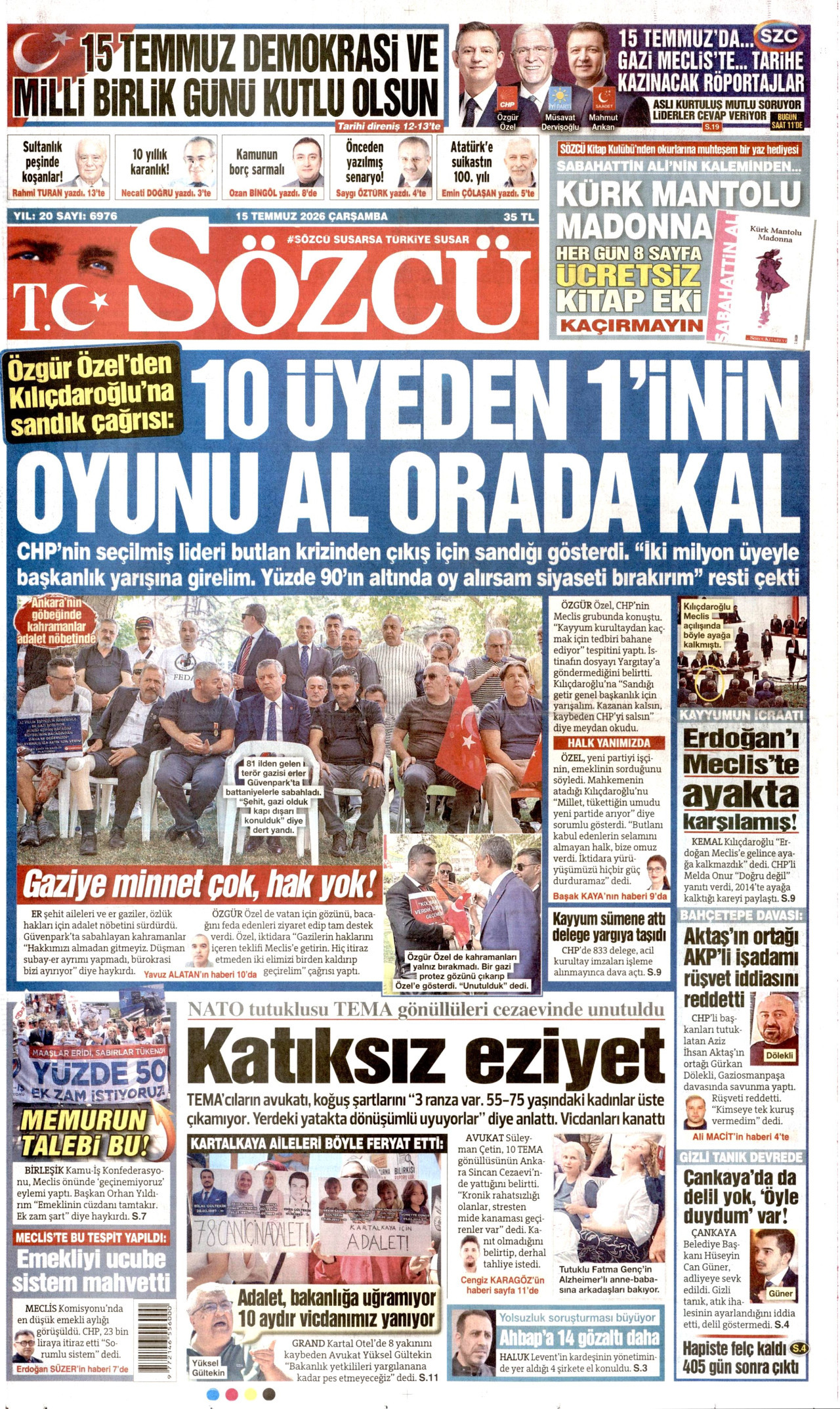 SÖZCÜ gazetesinin 15 Temmuz 2026 tarihli birinci sayfası