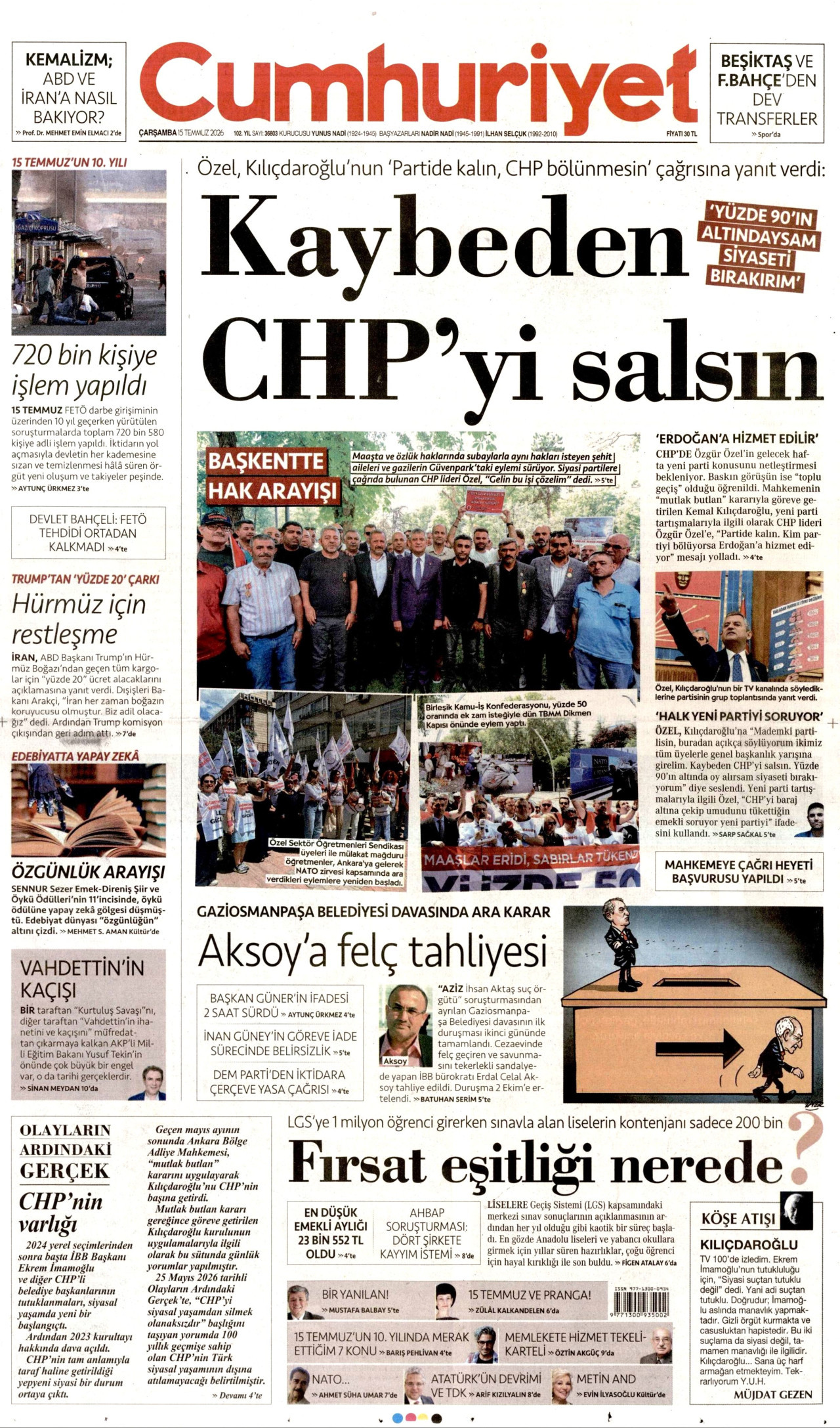 CUMHURİYET gazetesinin 15 Temmuz 2026 tarihli birinci sayfası