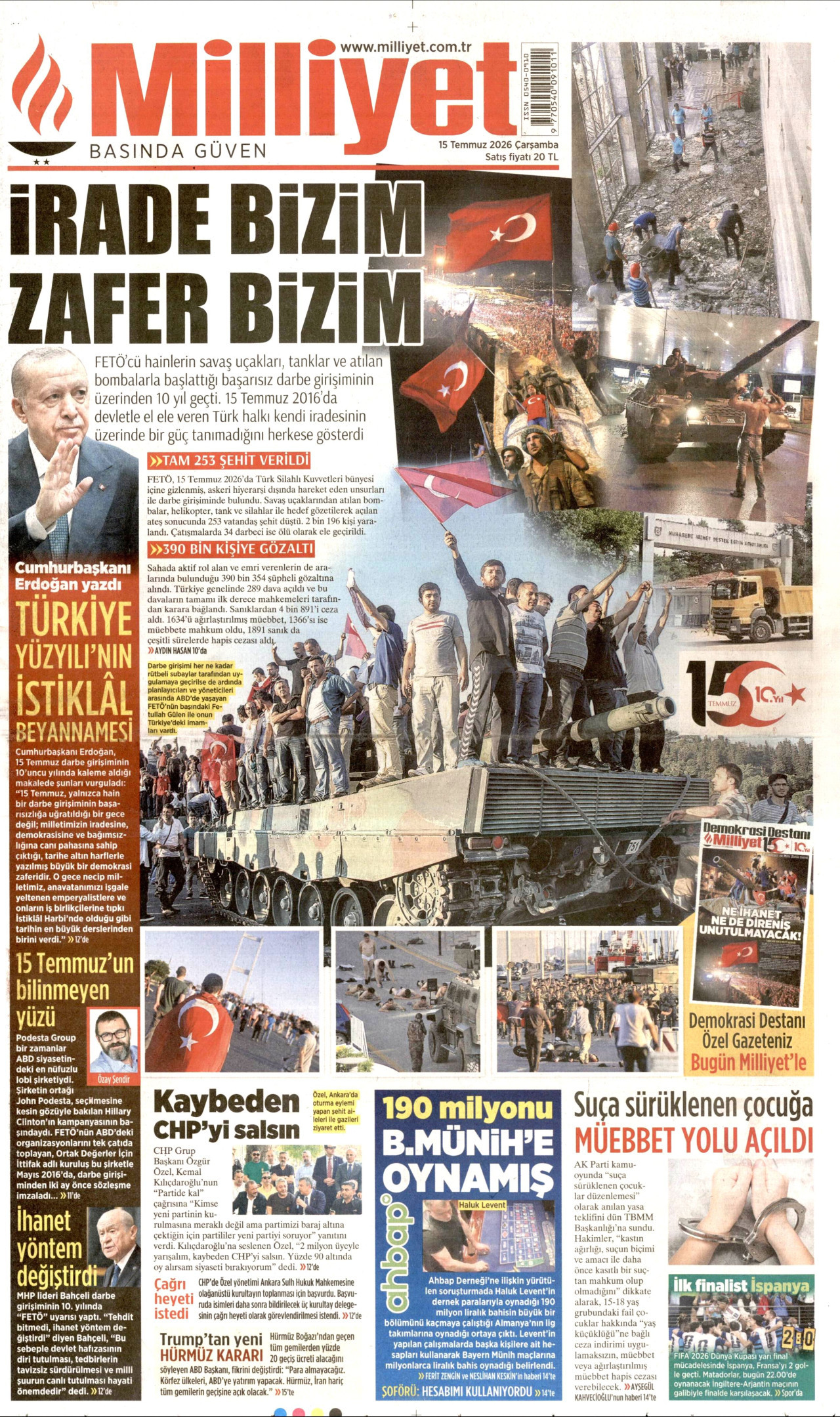 MİLLİYET gazetesinin 15 Temmuz 2026 tarihli birinci sayfası