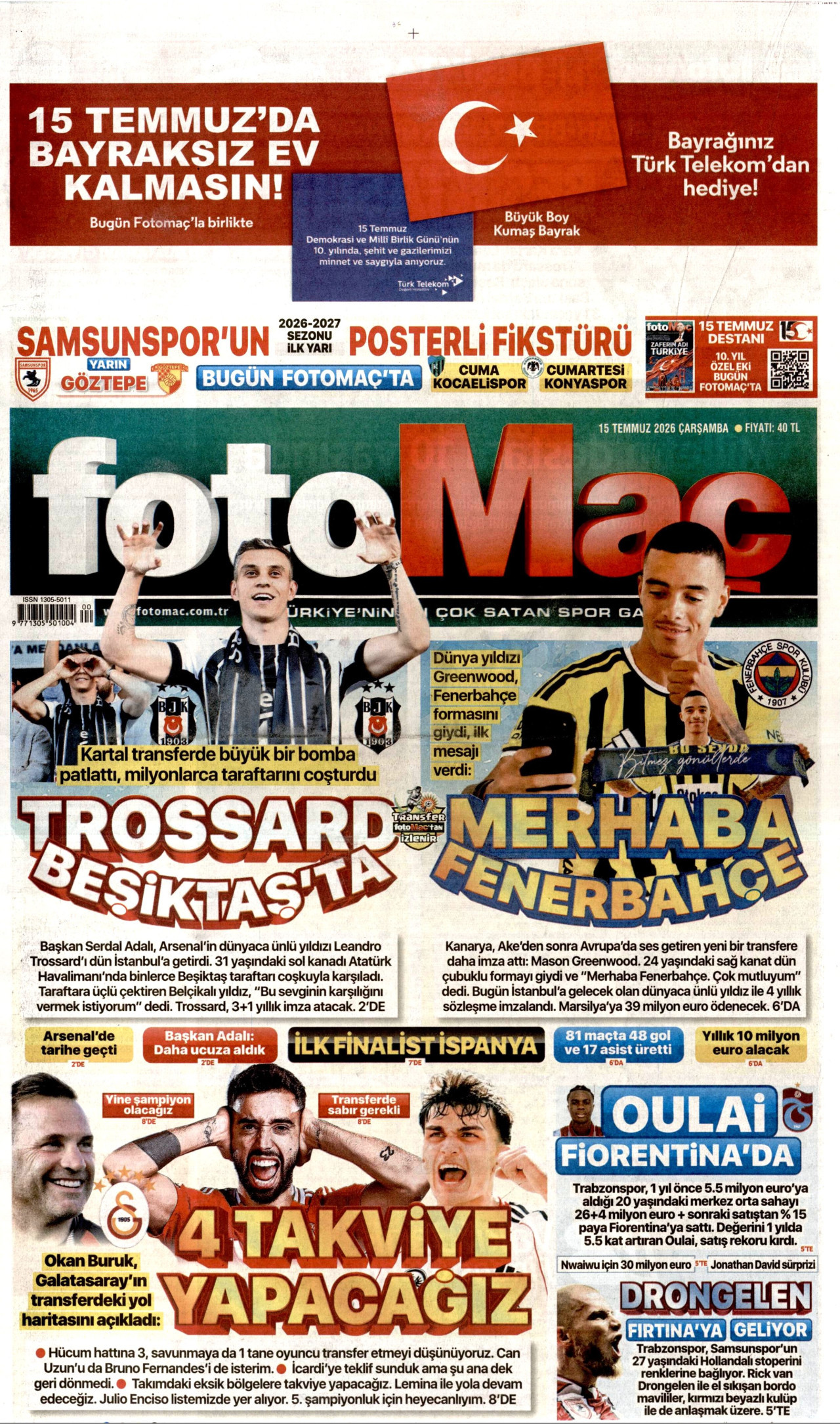 FOTOMAÇ gazetesinin 15 Temmuz 2026 tarihli birinci sayfası