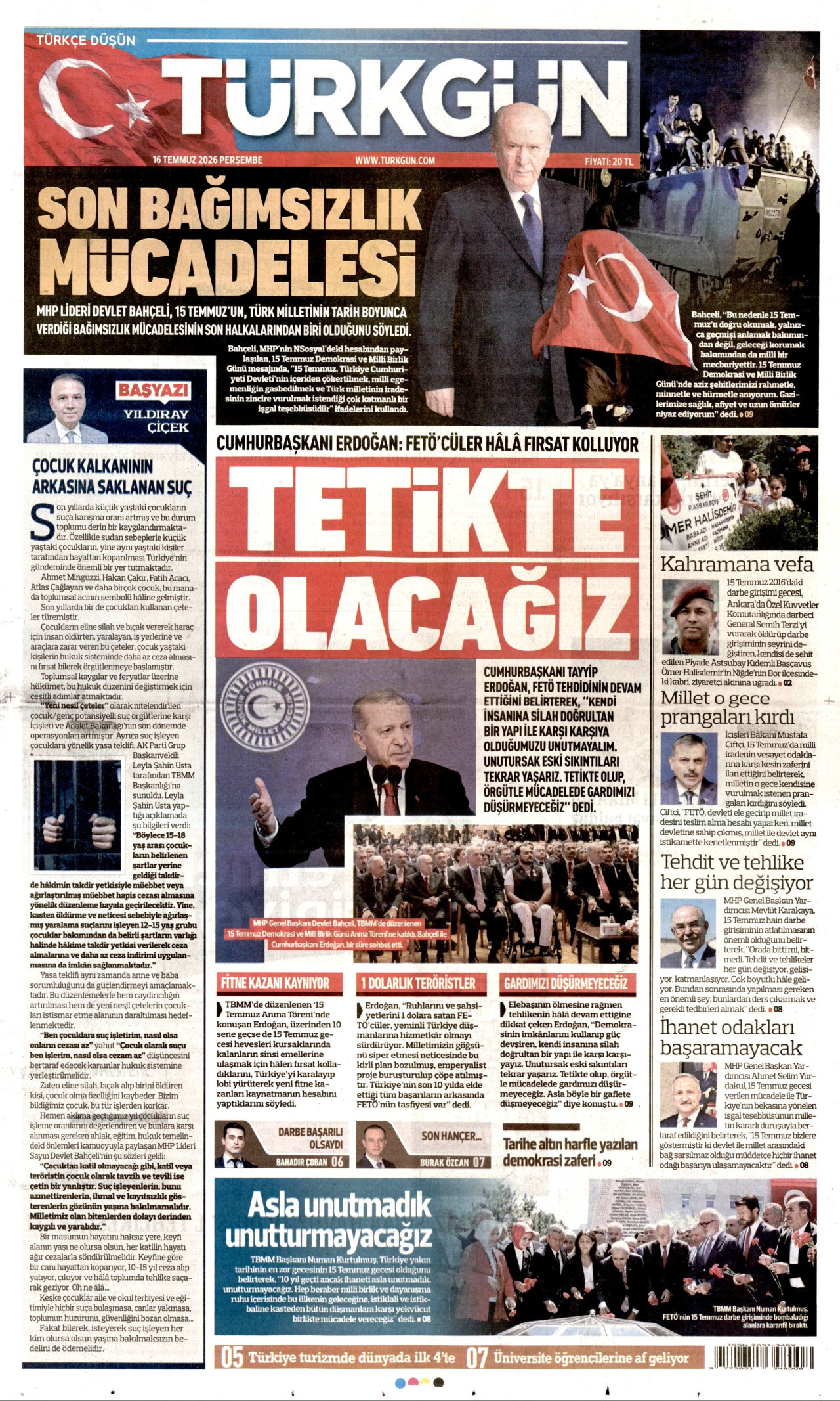 TÜRKGÜN gazetesinin 16 Temmuz 2026 tarihli birinci sayfası