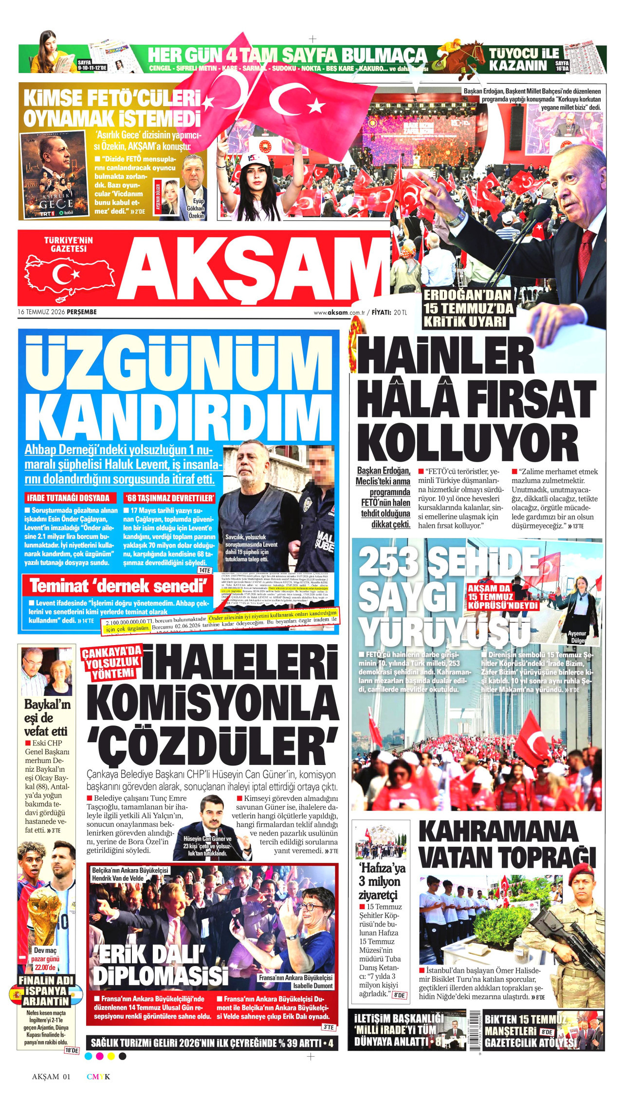 AKŞAM gazetesinin 16 Temmuz 2026 tarihli birinci sayfası