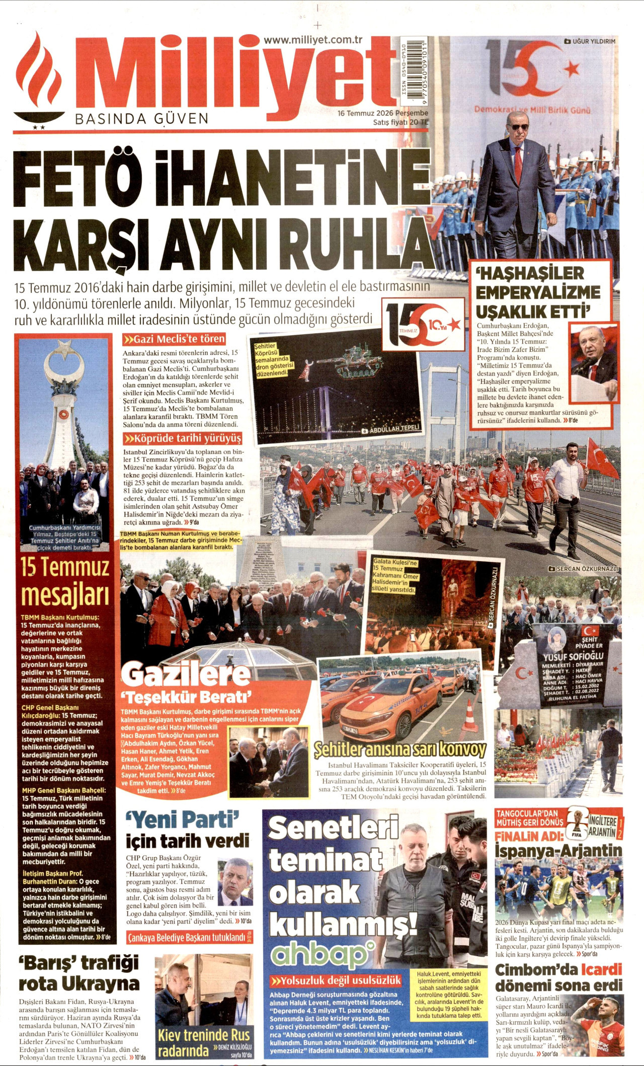 MİLLİYET gazetesinin 16 Temmuz 2026 tarihli birinci sayfası