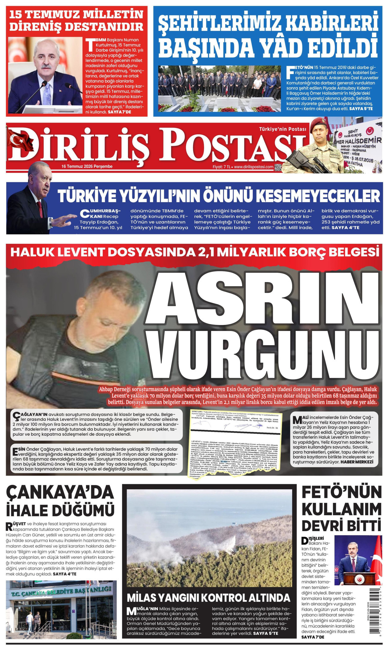DİRİLİŞ POSTASI gazetesinin 16 Temmuz 2026 tarihli birinci sayfası