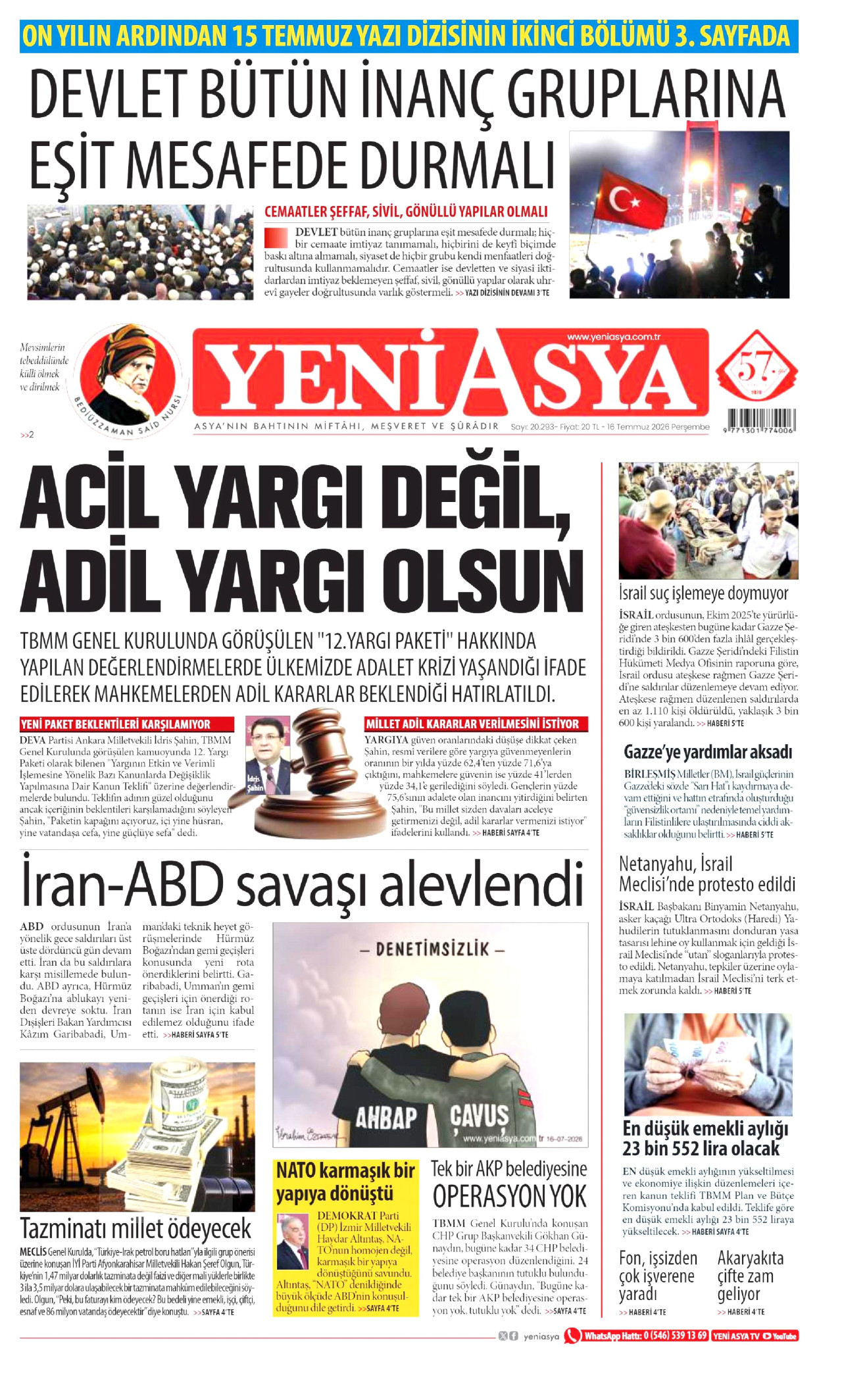 YENİ ASYA gazetesinin 16 Temmuz 2026 tarihli birinci sayfası