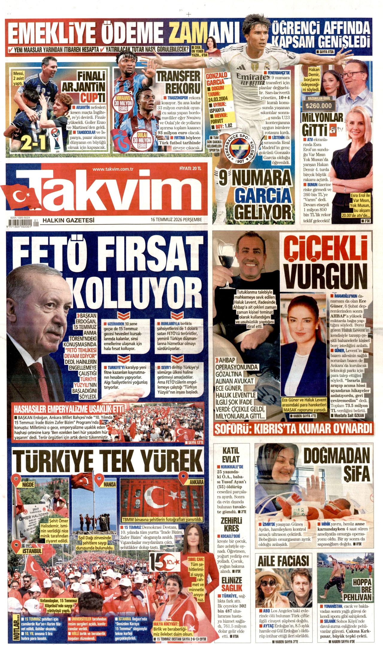 TAKVİM gazetesinin 16 Temmuz 2026 tarihli birinci sayfası