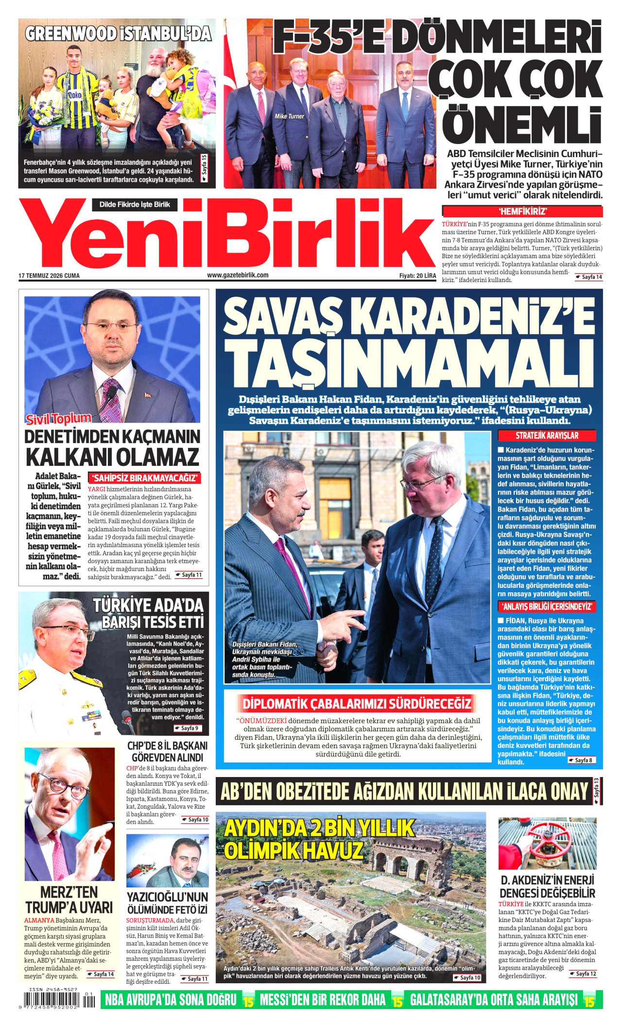 YENİBİRLİK gazetesinin 17 Temmuz 2026 tarihli birinci sayfası