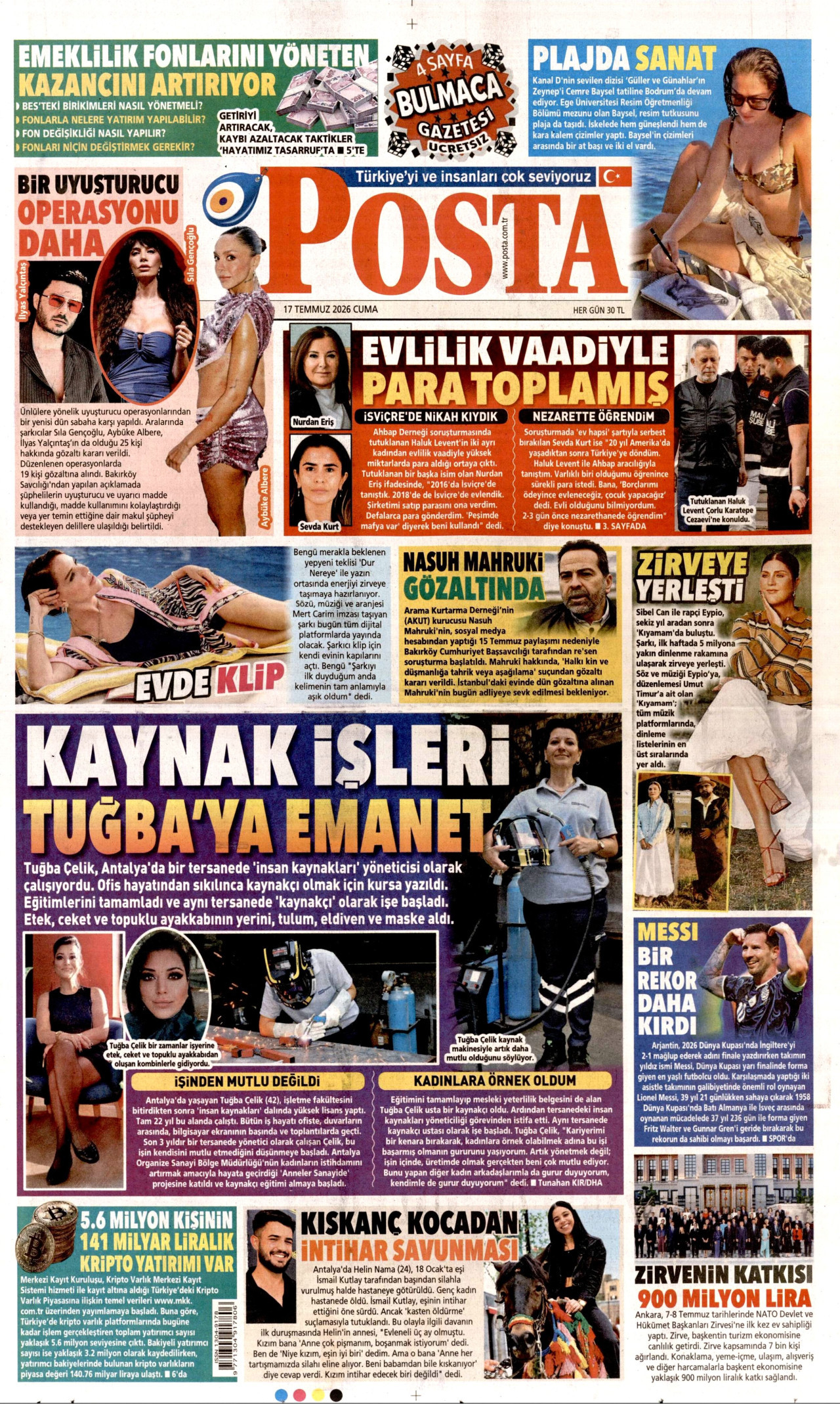 POSTA gazetesinin 17 Temmuz 2026 tarihli birinci sayfası