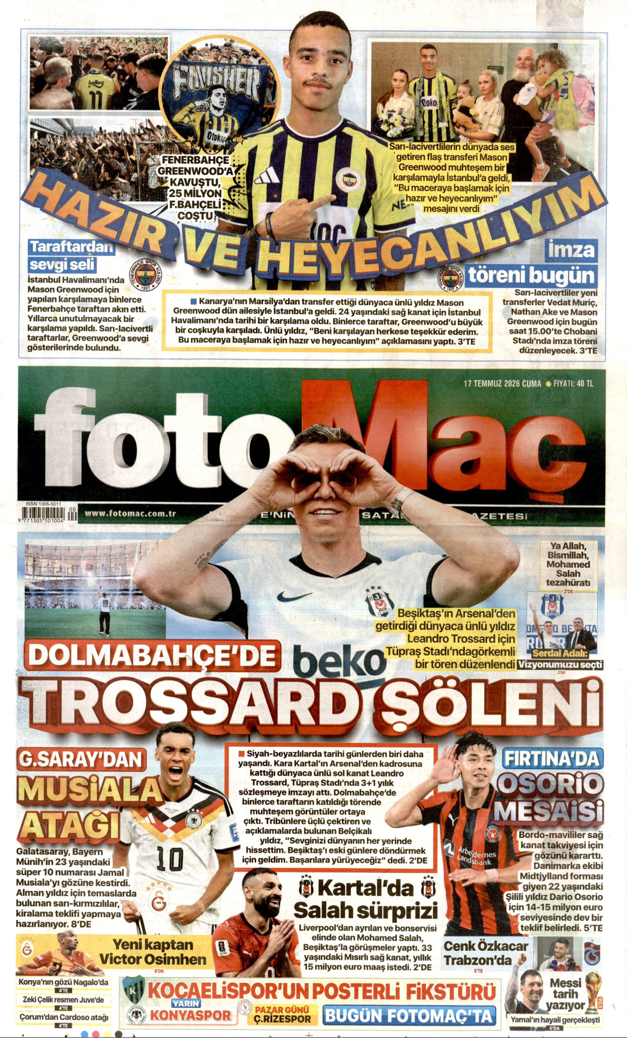 FOTOMAÇ gazetesinin 17 Temmuz 2026 tarihli birinci sayfası