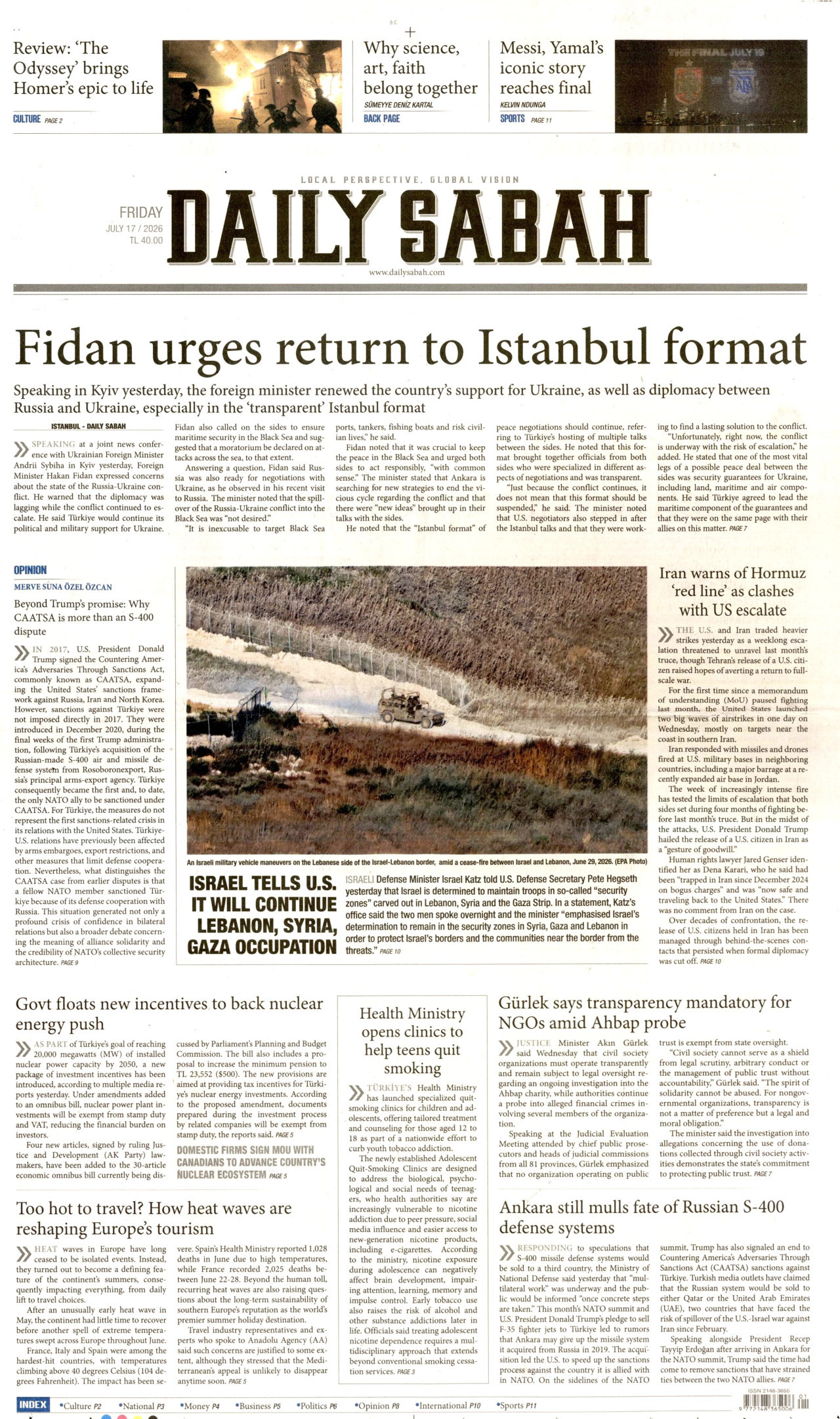 DAİLY SABAH gazetesinin 17 Temmuz 2026 tarihli birinci sayfası