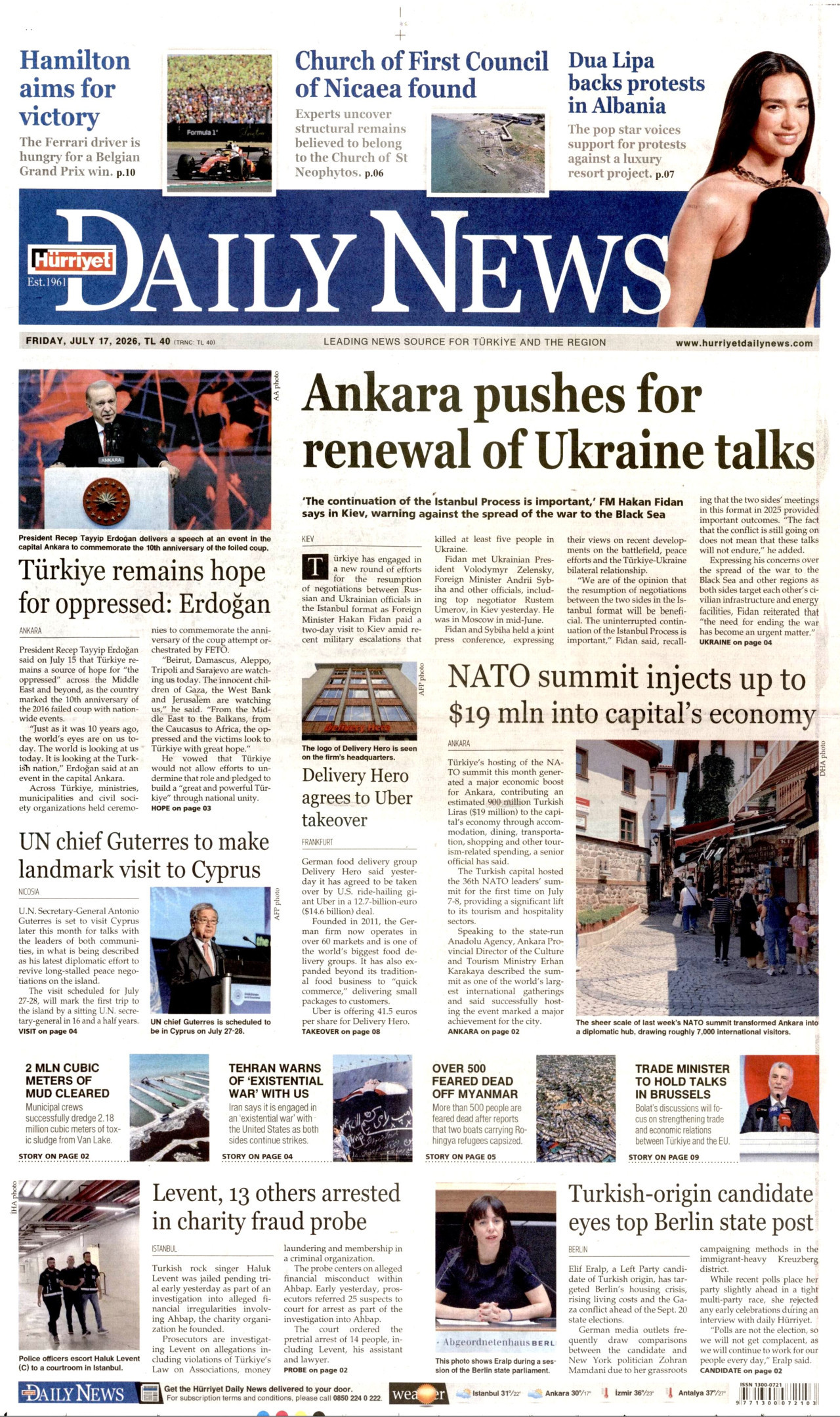 HÜRRİYET DAİLY NEWS gazetesinin 17 Temmuz 2026 tarihli birinci sayfası