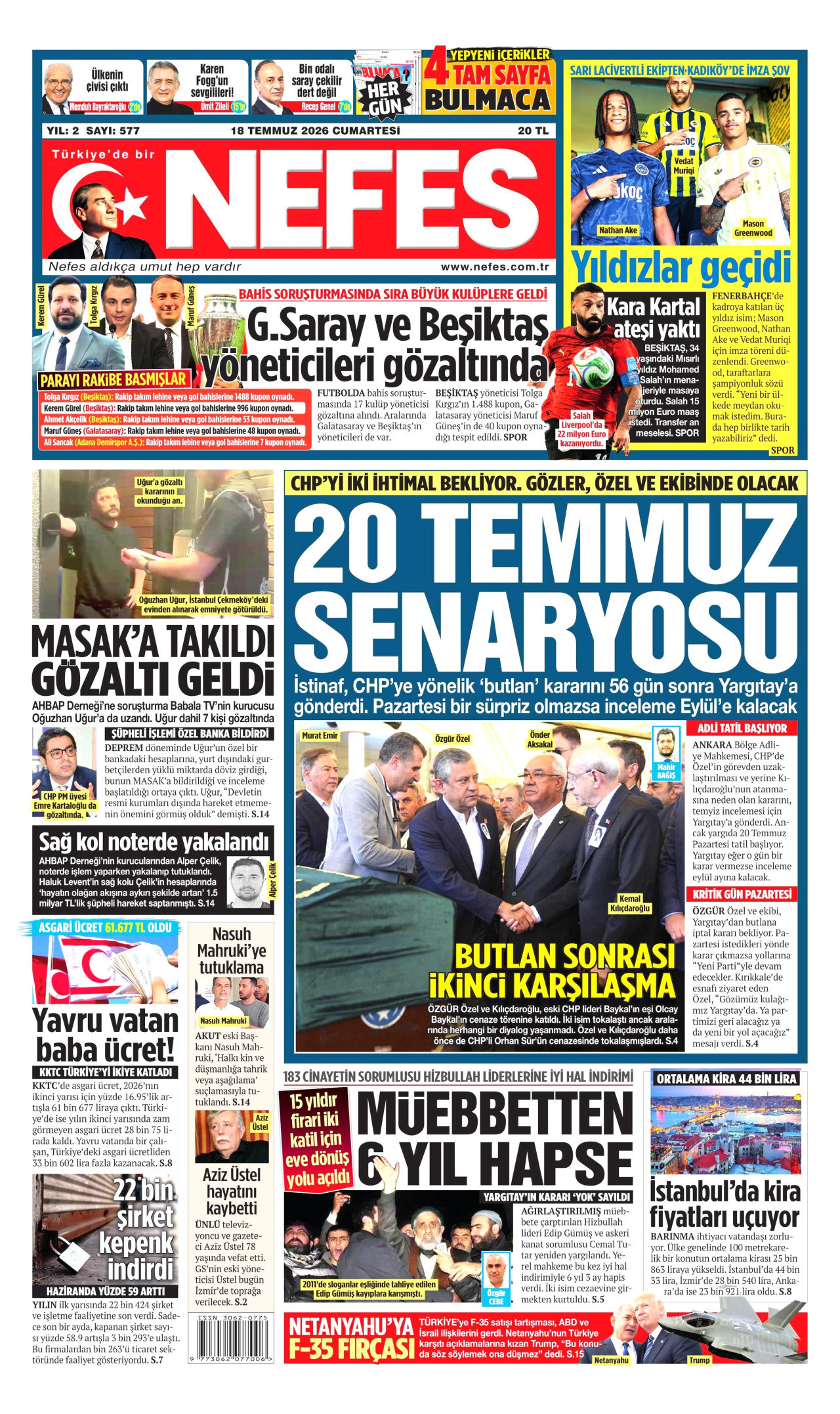 NEFES gazetesinin 18 Temmuz 2026 tarihli birinci sayfası