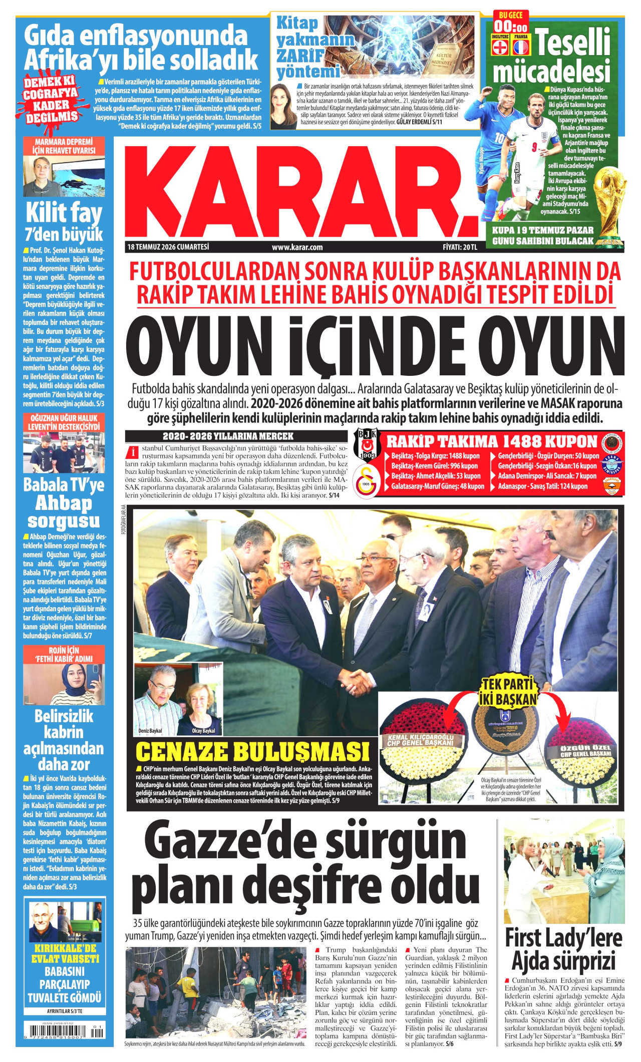 KARAR gazetesinin 18 Temmuz 2026 tarihli birinci sayfası