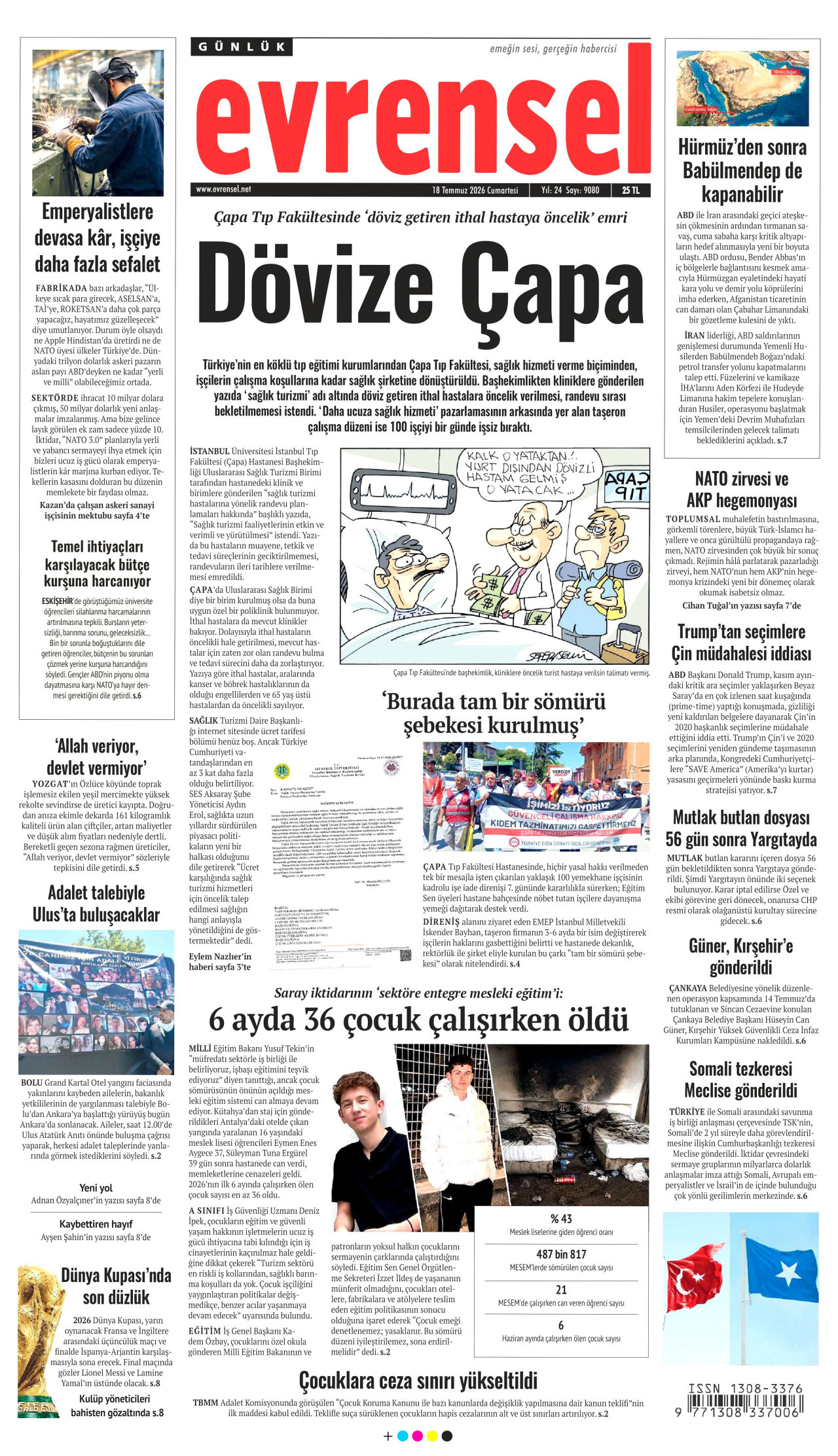 EVRENSEL gazetesinin 18 Temmuz 2026 tarihli birinci sayfası