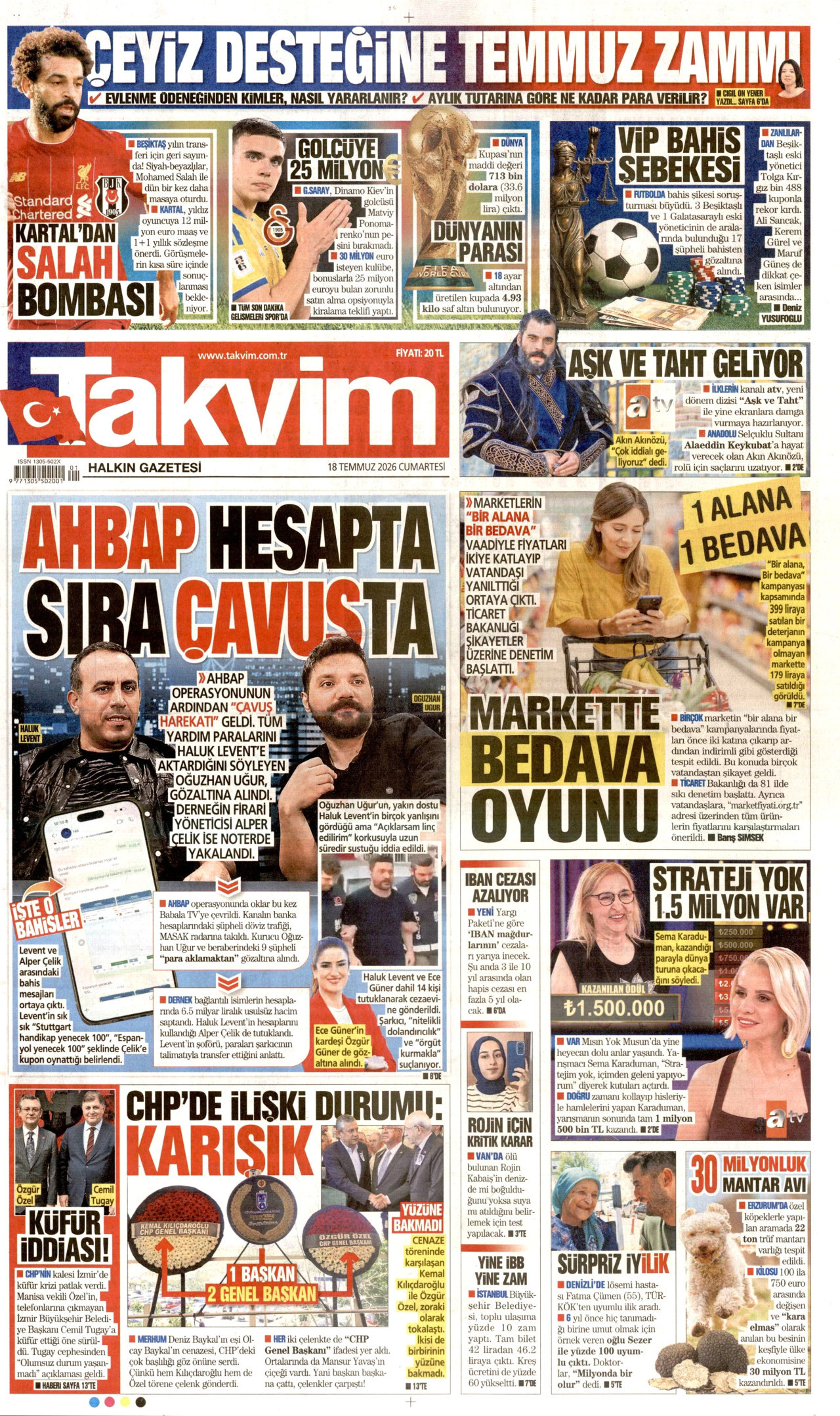 TAKVİM gazetesinin 18 Temmuz 2026 tarihli birinci sayfası