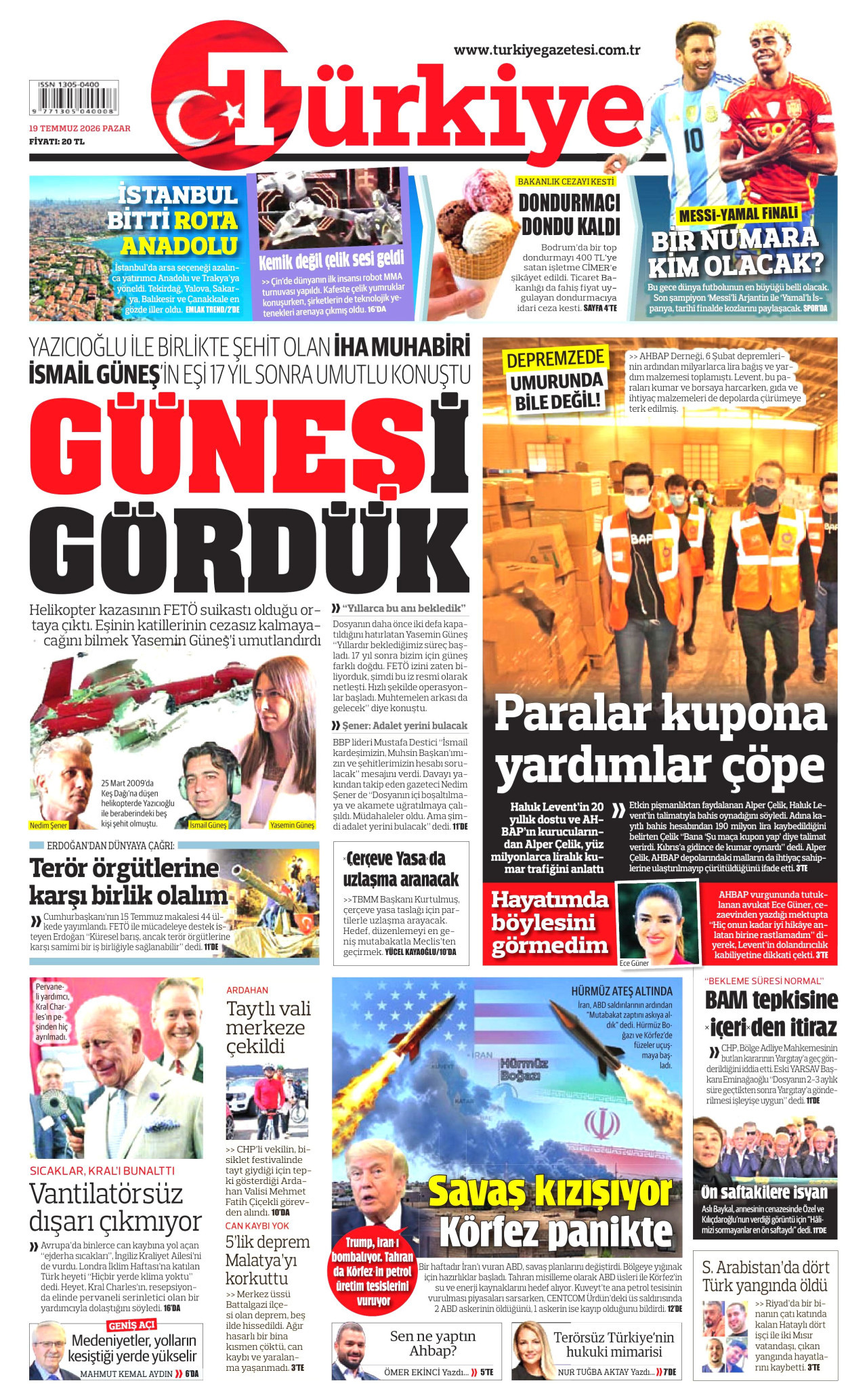 TÜRKİYE GAZETESİ gazetesinin 19 Temmuz 2026 tarihli birinci sayfası