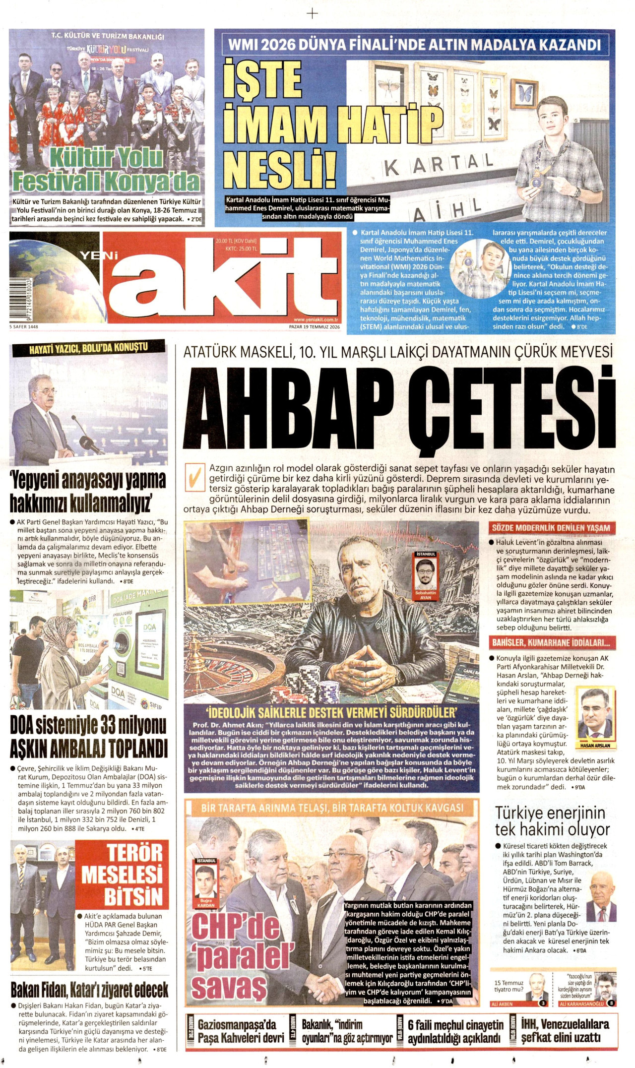 YENİ AKİT gazetesinin 19 Temmuz 2026 tarihli birinci sayfası