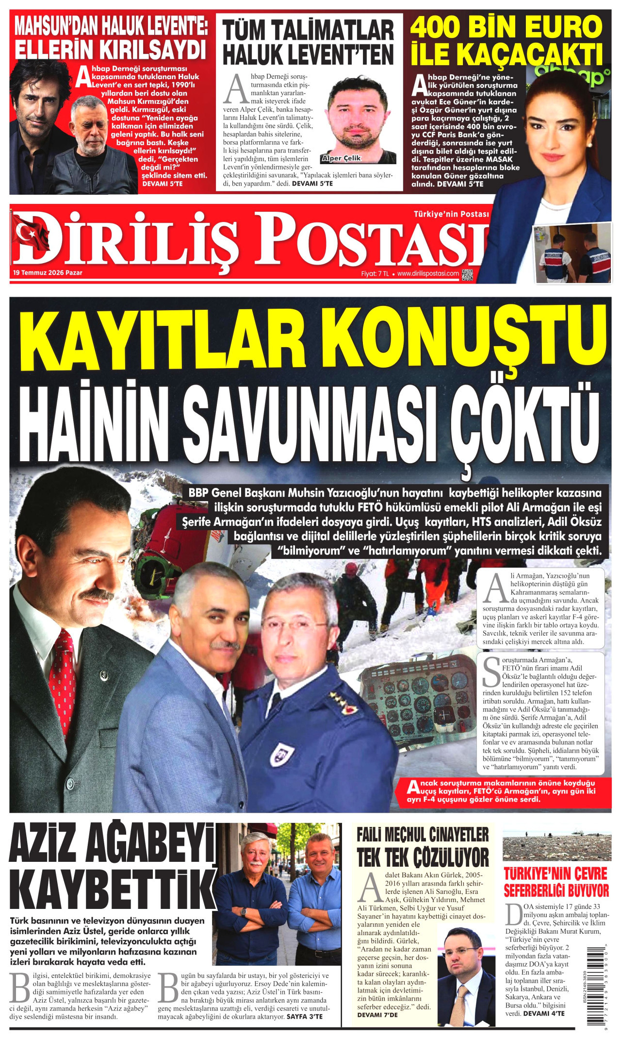 DİRİLİŞ POSTASI gazetesinin 19 Temmuz 2026 tarihli birinci sayfası