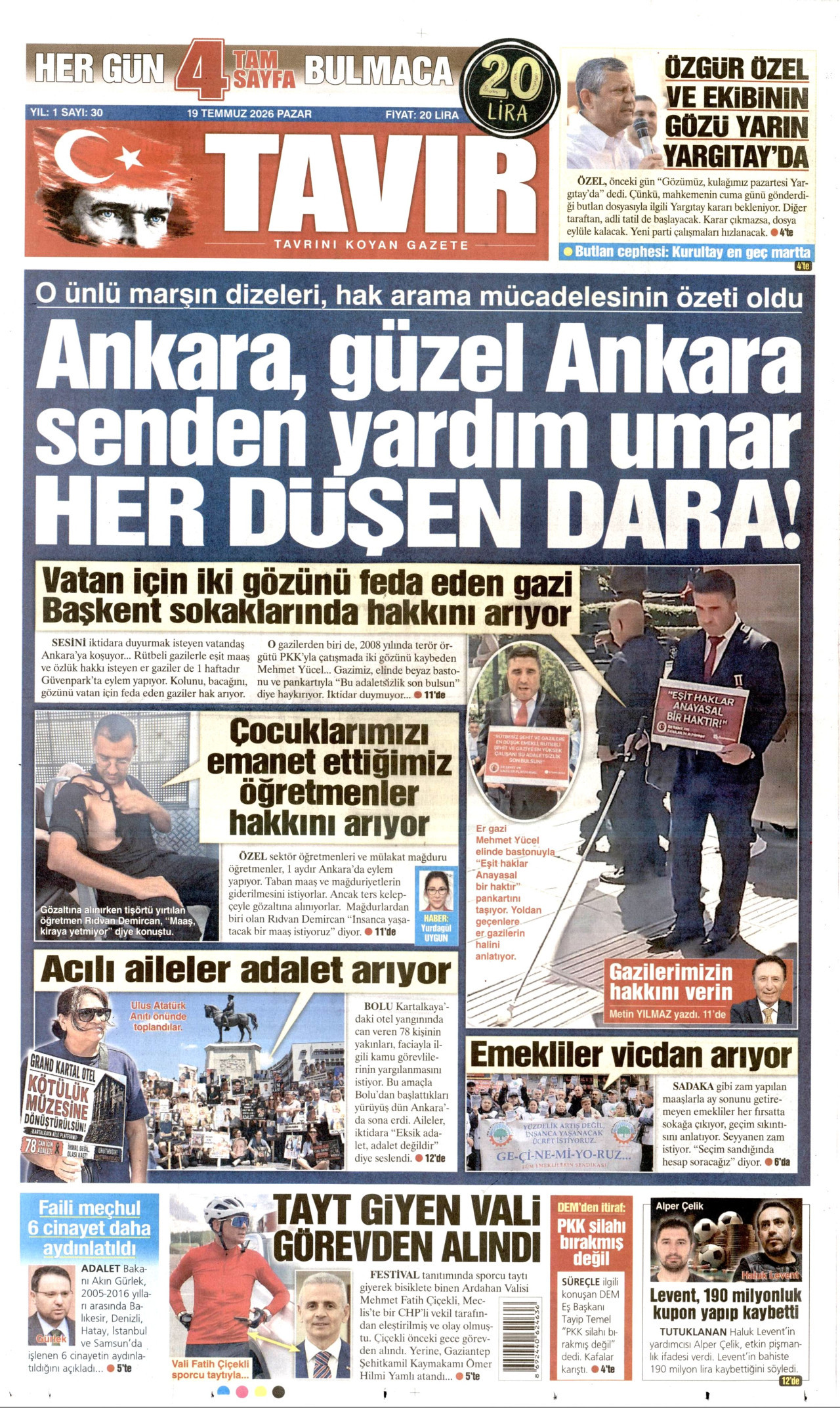 TAVIR GAZETESİ gazetesinin 19 Temmuz 2026 tarihli birinci sayfası