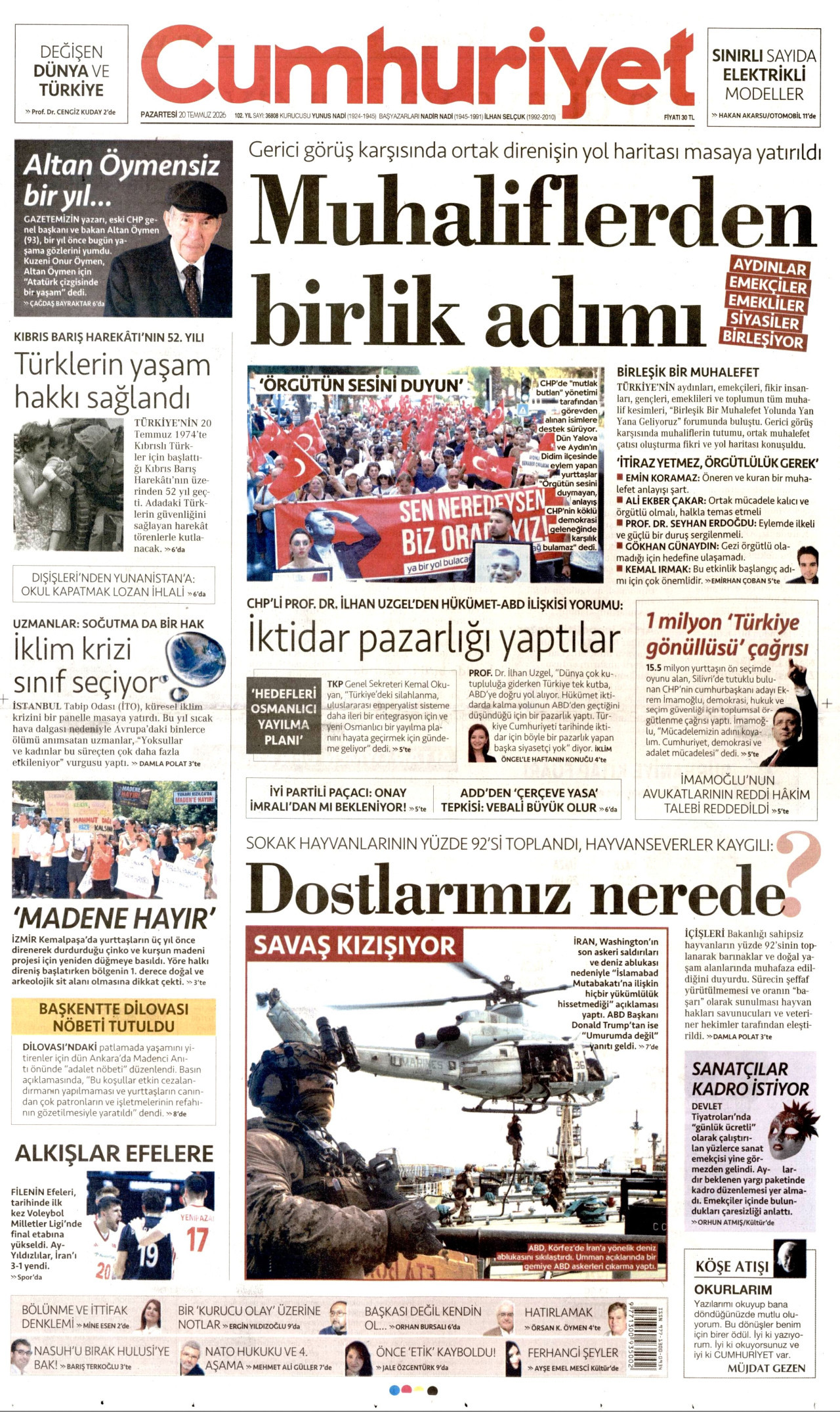 CUMHURİYET gazetesinin 20 Temmuz 2026 tarihli birinci sayfası