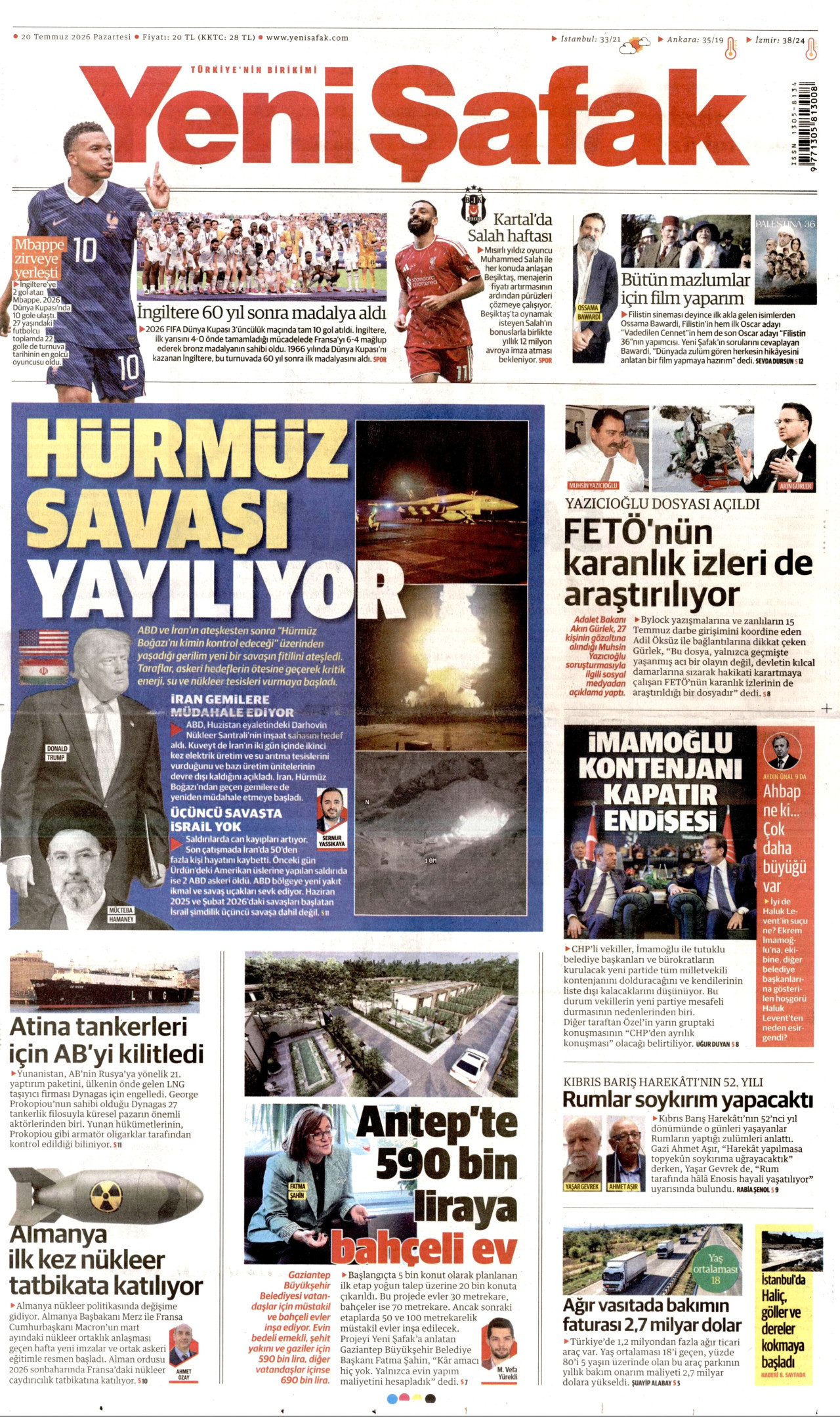 YENİ ŞAFAK gazetesinin 20 Temmuz 2026 tarihli birinci sayfası