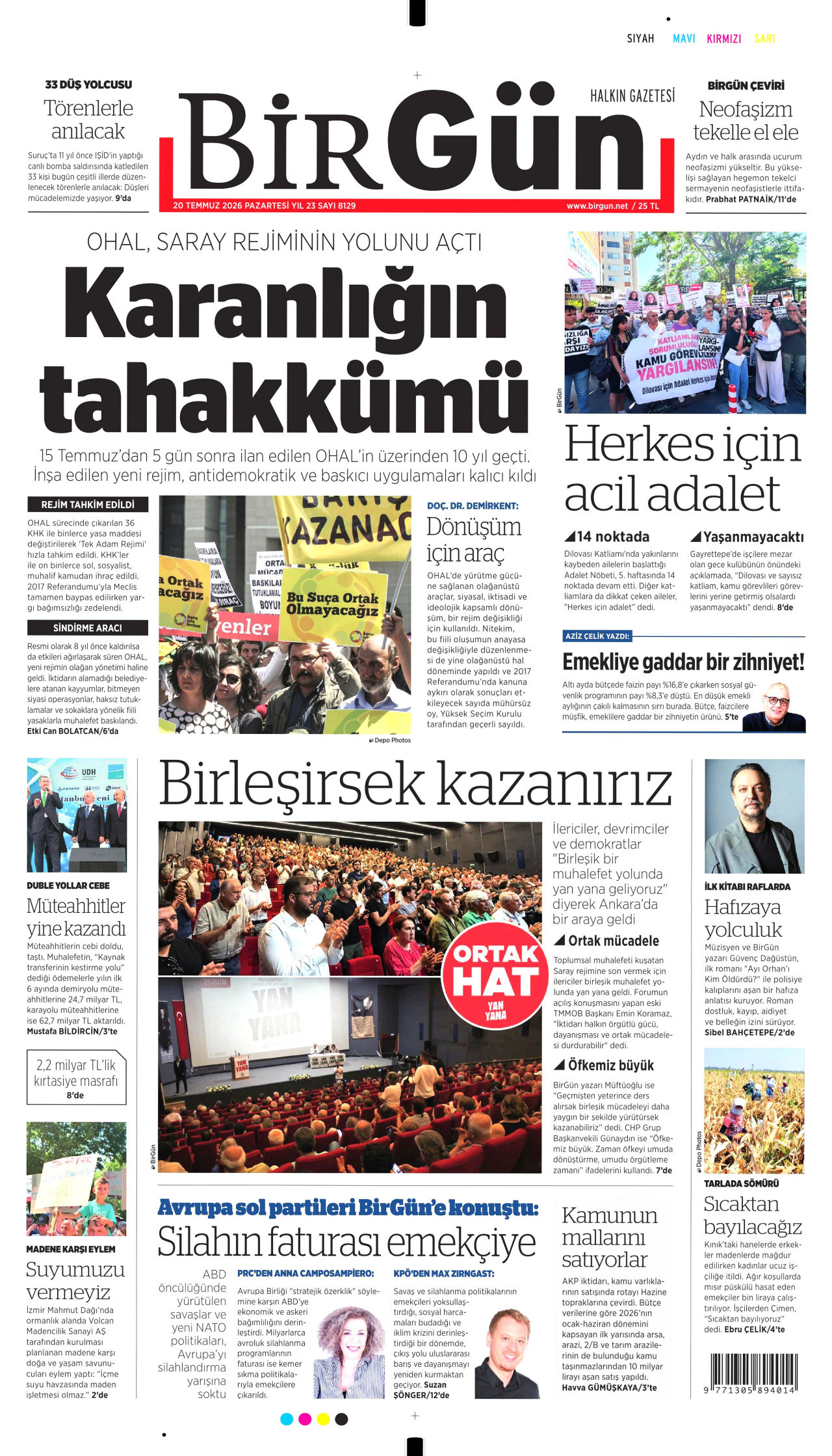 BİRGÜN gazetesinin 20 Temmuz 2026 tarihli birinci sayfası