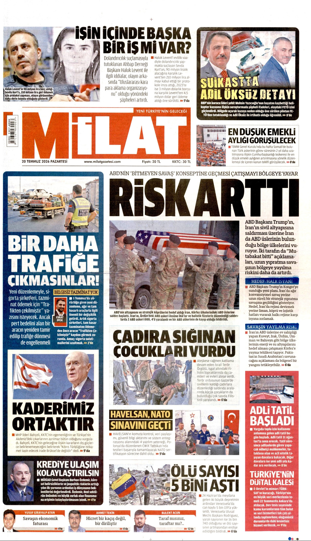MİLAT gazetesinin 20 Temmuz 2026 tarihli birinci sayfası