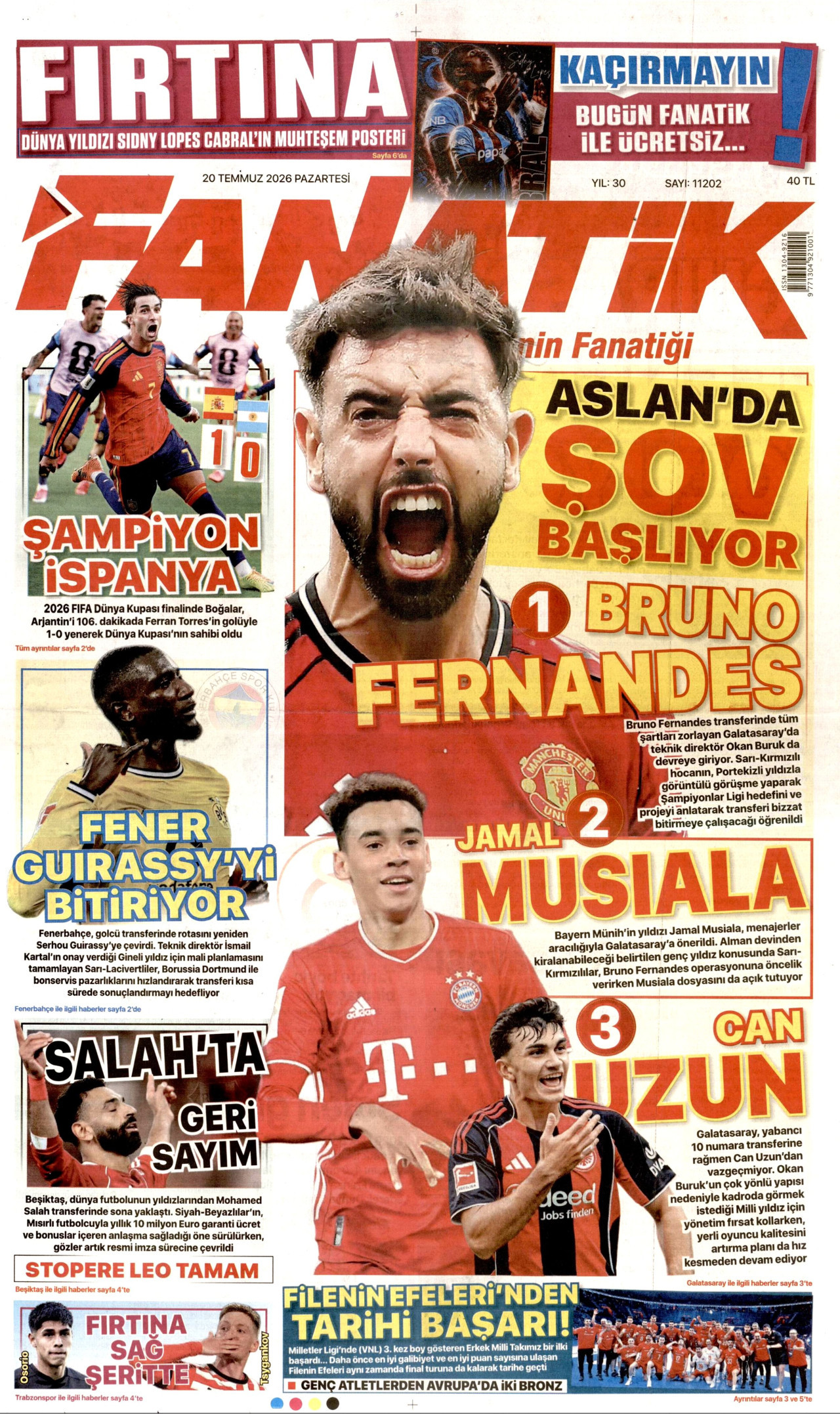 FANATİK gazetesinin 20 Temmuz 2026 tarihli birinci sayfası