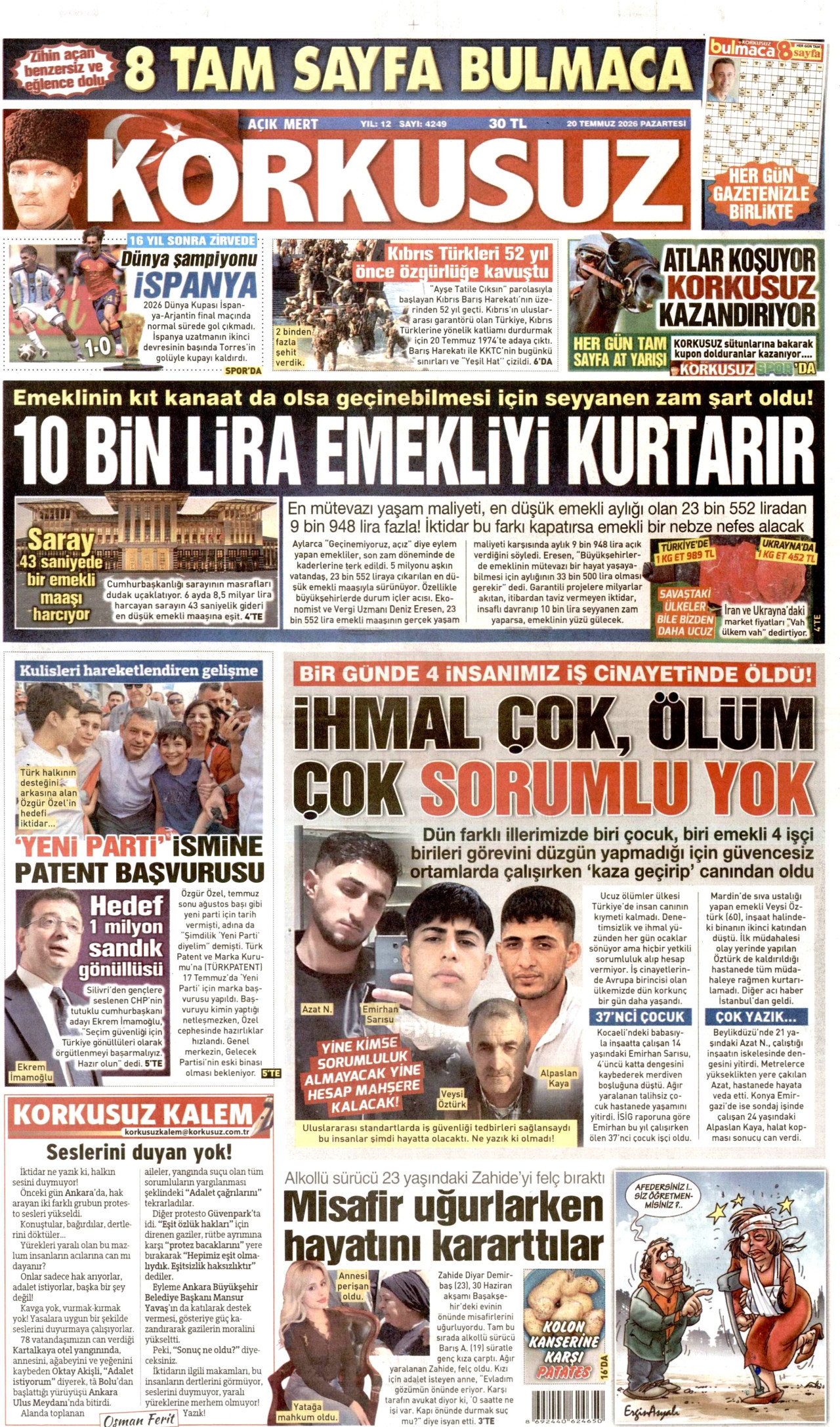 KORKUSUZ gazetesinin 20 Temmuz 2026 tarihli birinci sayfası