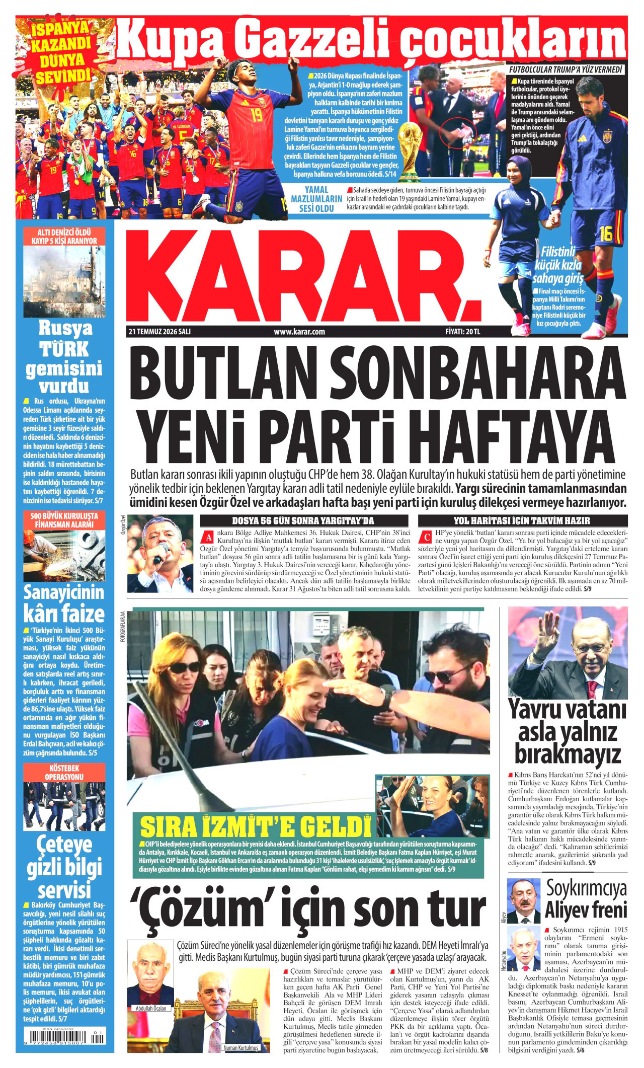 KARAR gazetesinin 21 Temmuz 2026 tarihli birinci sayfası