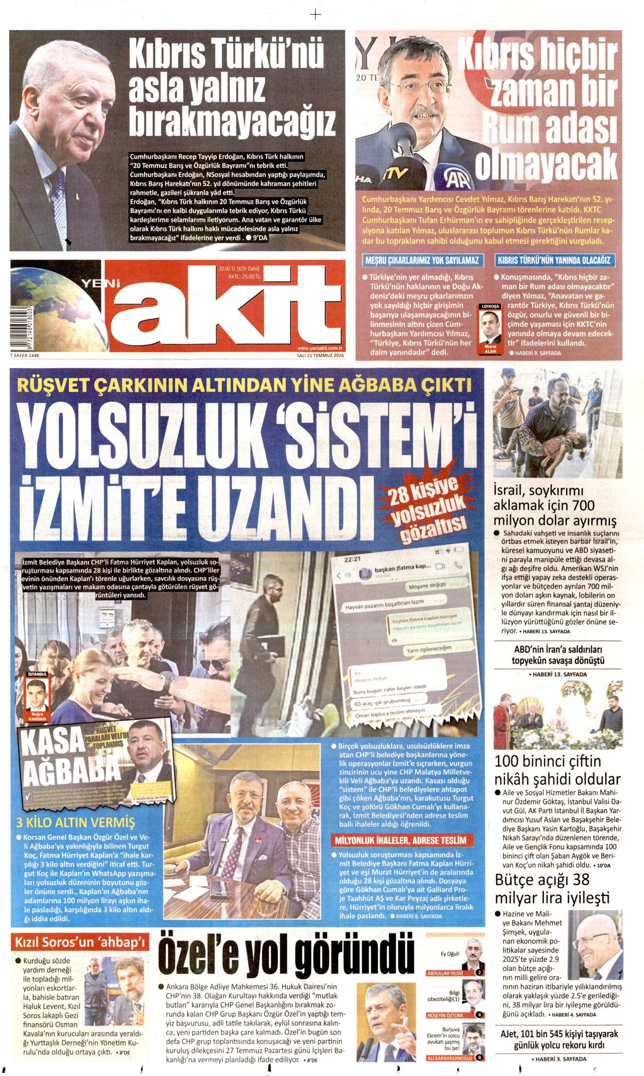YENİ AKİT gazetesinin 21 Temmuz 2026 tarihli birinci sayfası