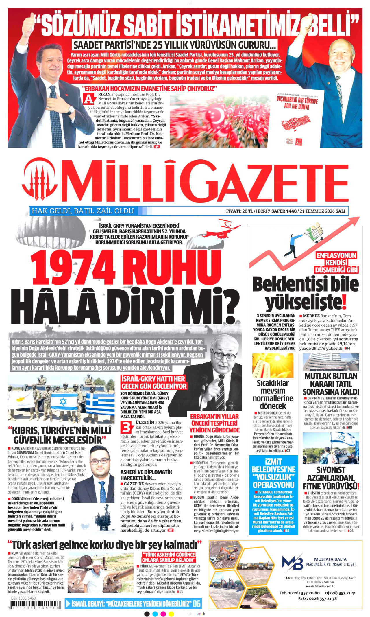 MİLLİ GAZETE gazetesinin 21 Temmuz 2026 tarihli birinci sayfası