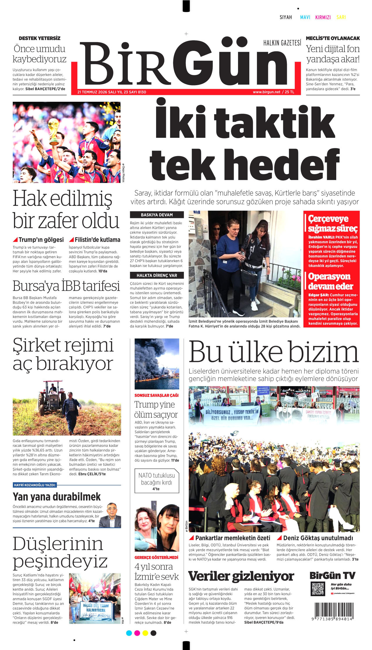 BİRGÜN gazetesinin 21 Temmuz 2026 tarihli birinci sayfası