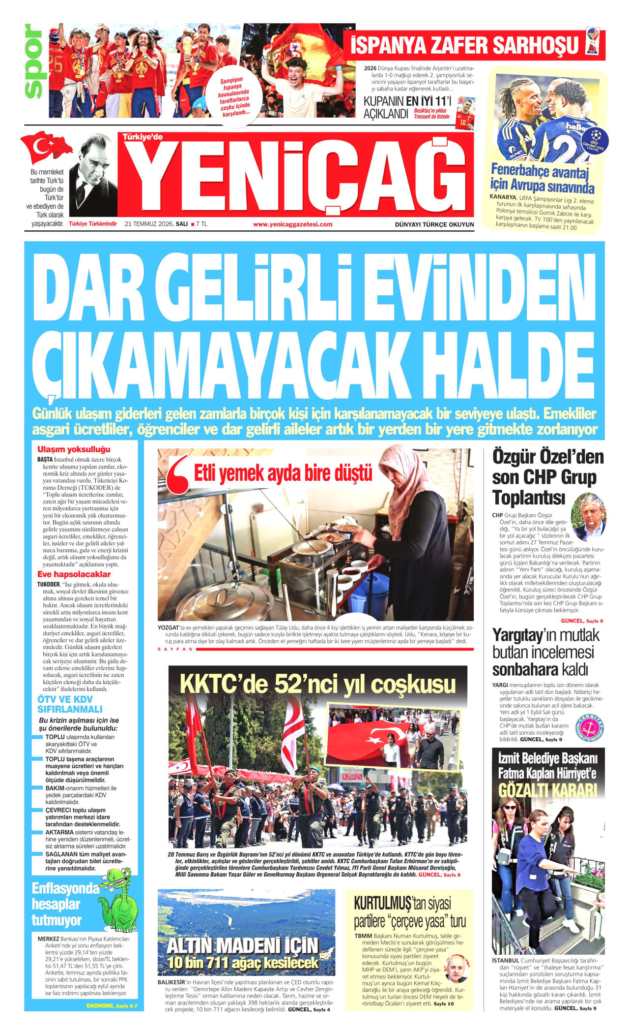 YENİÇAĞ gazetesinin 21 Temmuz 2026 tarihli birinci sayfası