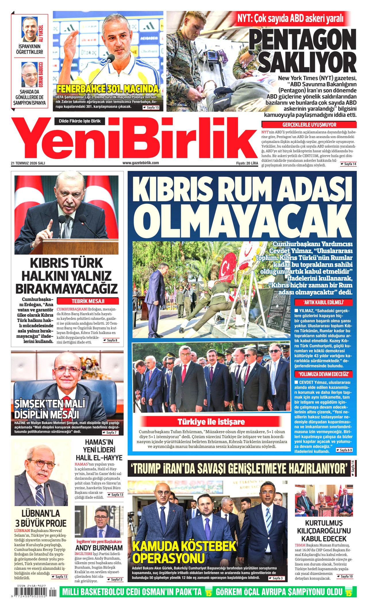 YENİBİRLİK gazetesinin 21 Temmuz 2026 tarihli birinci sayfası