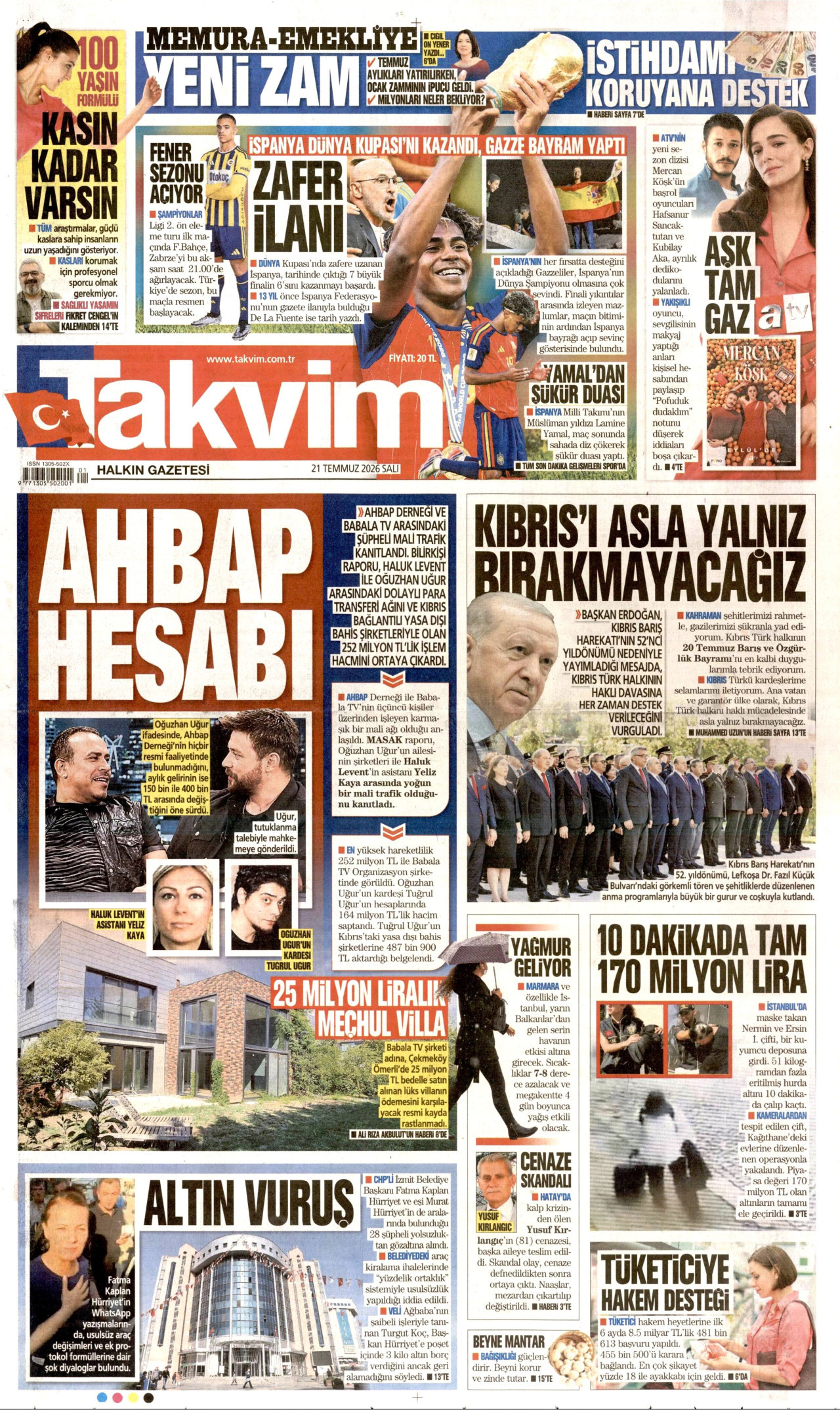TAKVİM gazetesinin 21 Temmuz 2026 tarihli birinci sayfası