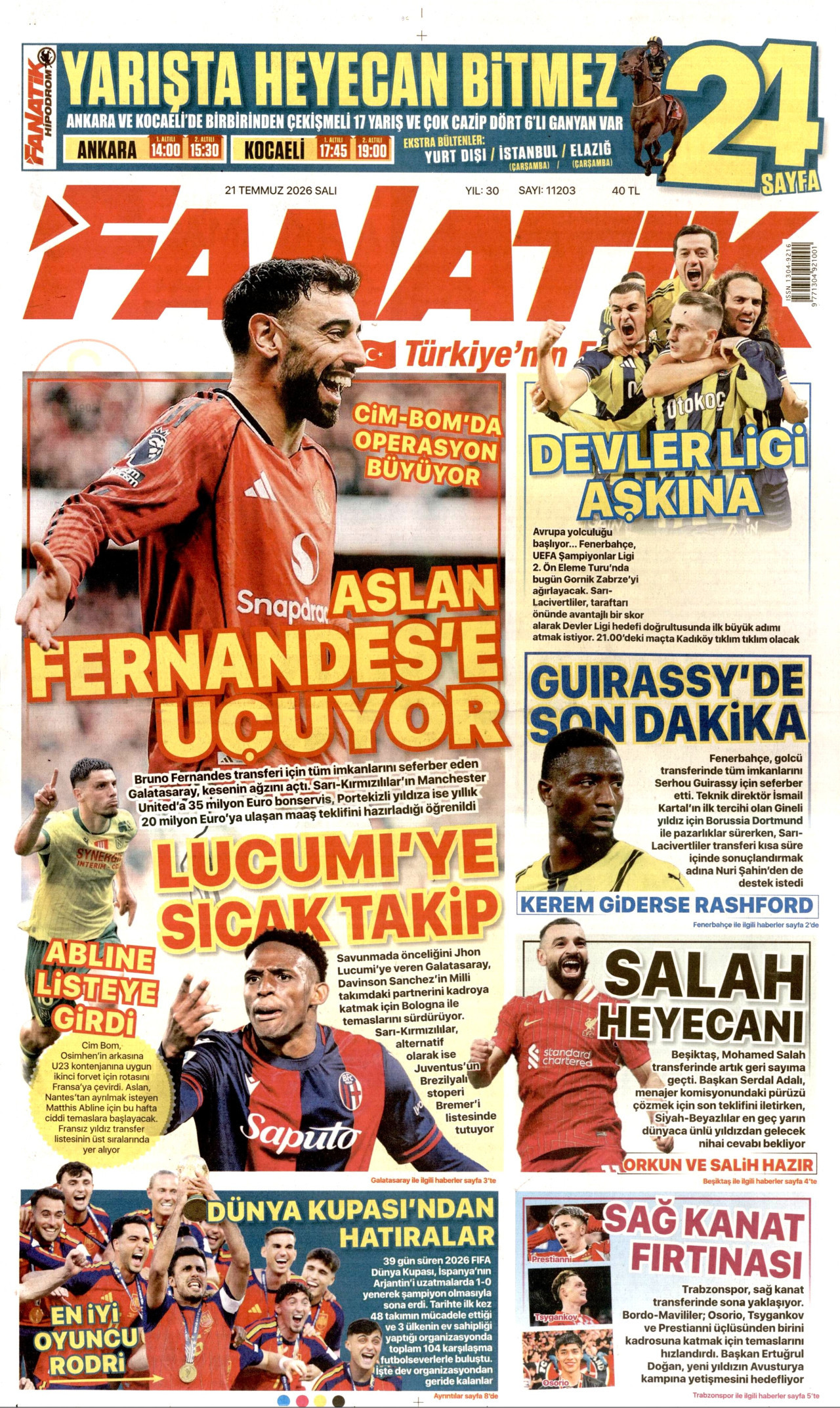 FANATİK gazetesinin 21 Temmuz 2026 tarihli birinci sayfası