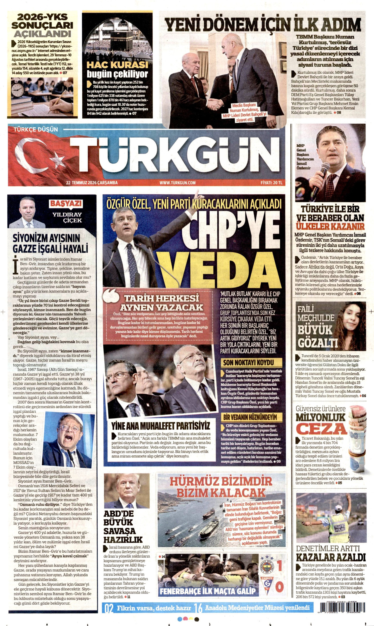 TÜRKGÜN gazetesinin 22 Temmuz 2026 tarihli birinci sayfası