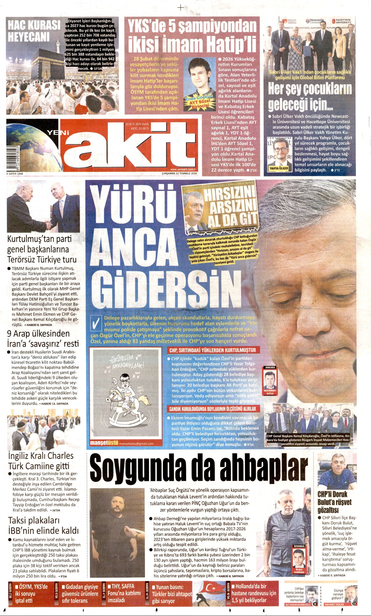YENİ AKİT gazetesinin 22 Temmuz 2026 tarihli birinci sayfası