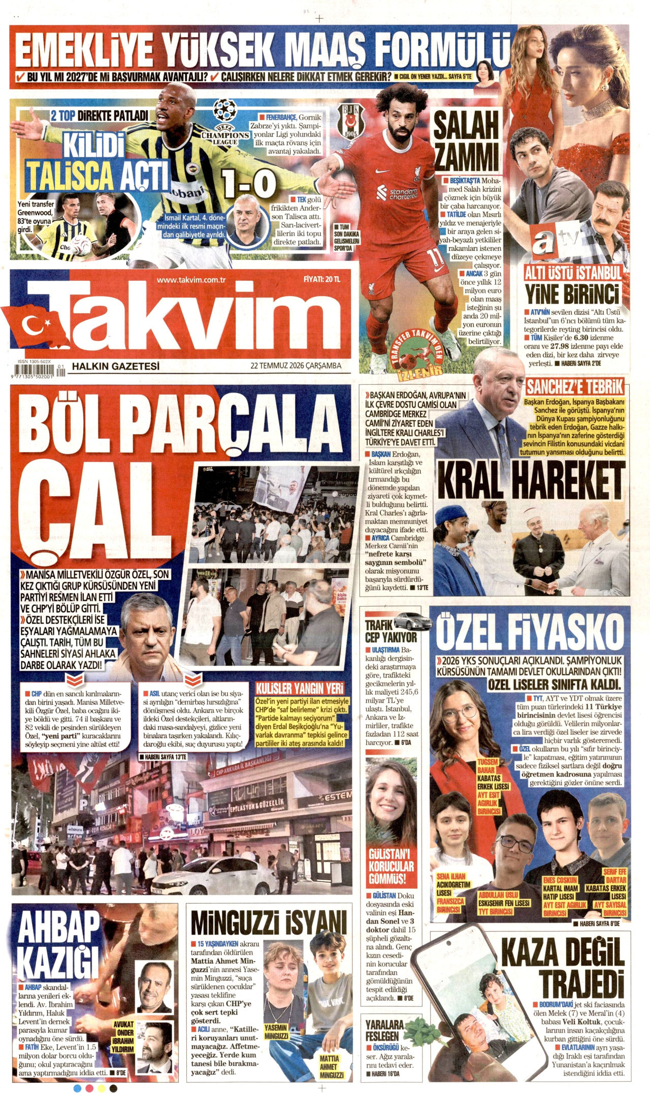 TAKVİM gazetesinin 22 Temmuz 2026 tarihli birinci sayfası