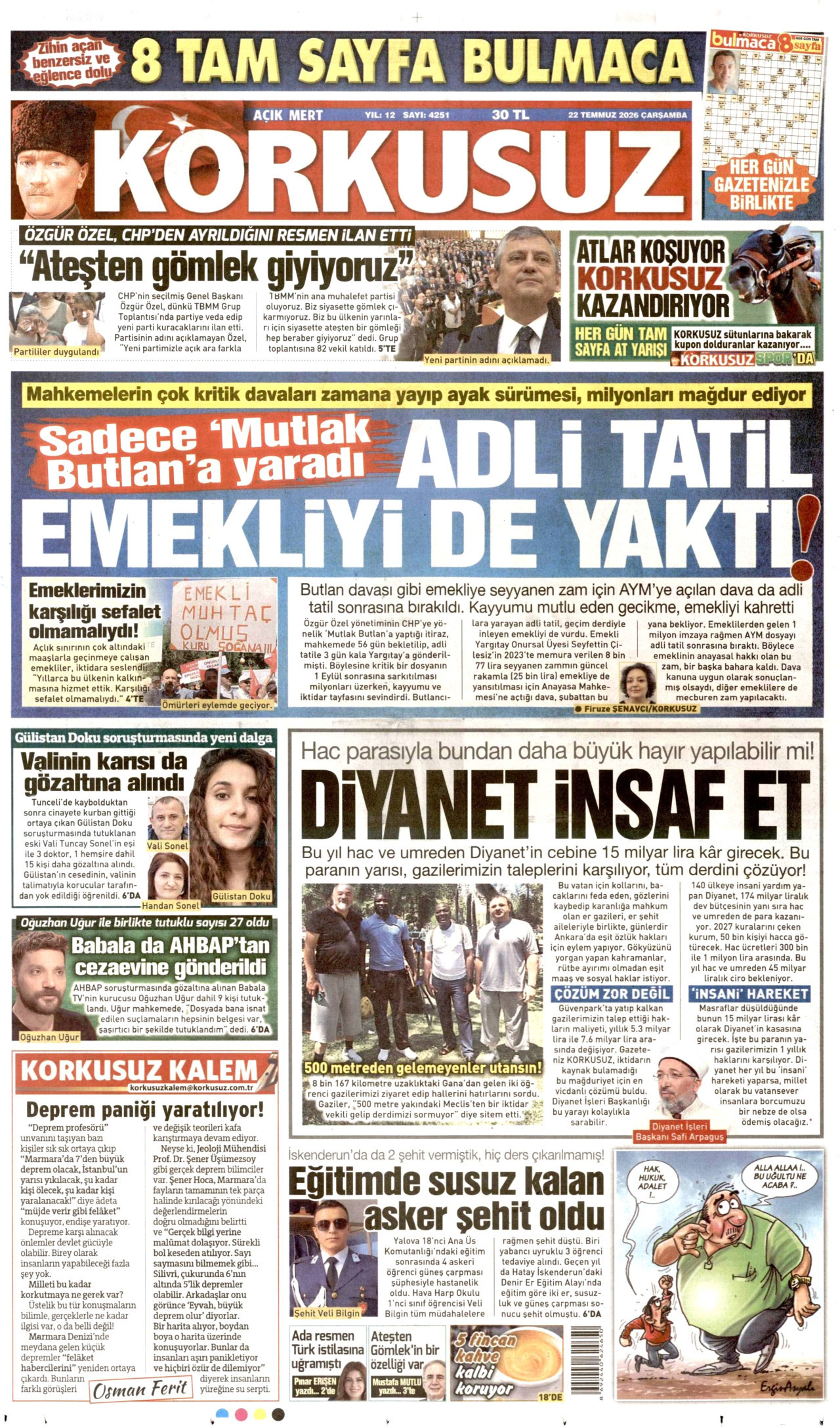 KORKUSUZ gazetesinin 22 Temmuz 2026 tarihli birinci sayfası