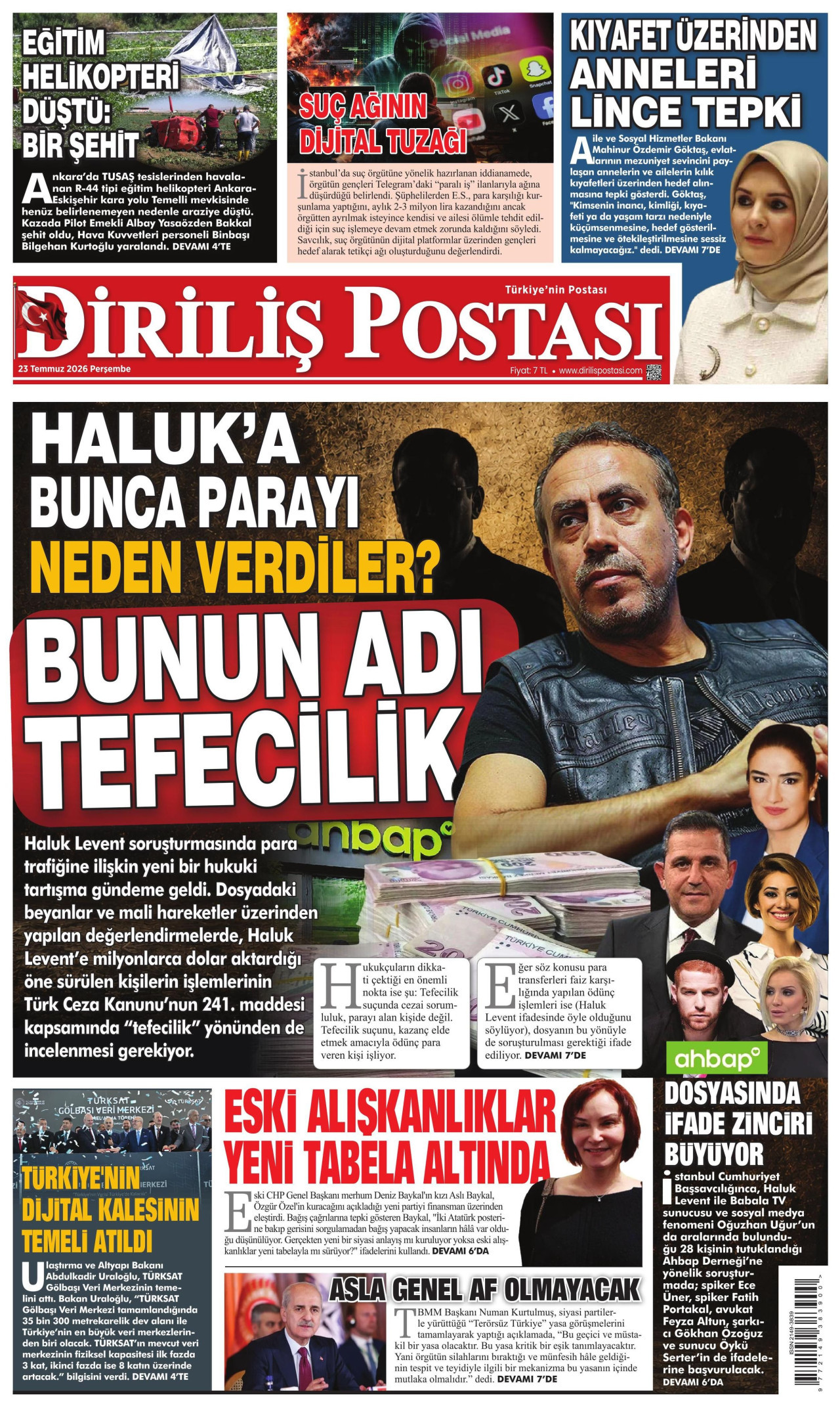 DİRİLİŞ POSTASI gazetesinin 23 Temmuz 2026 tarihli birinci sayfası
