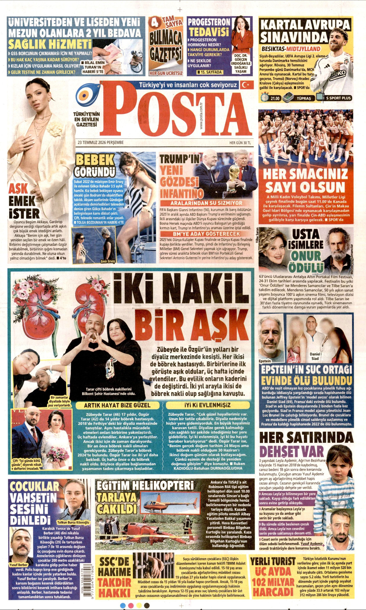 POSTA gazetesinin 23 Temmuz 2026 tarihli birinci sayfası