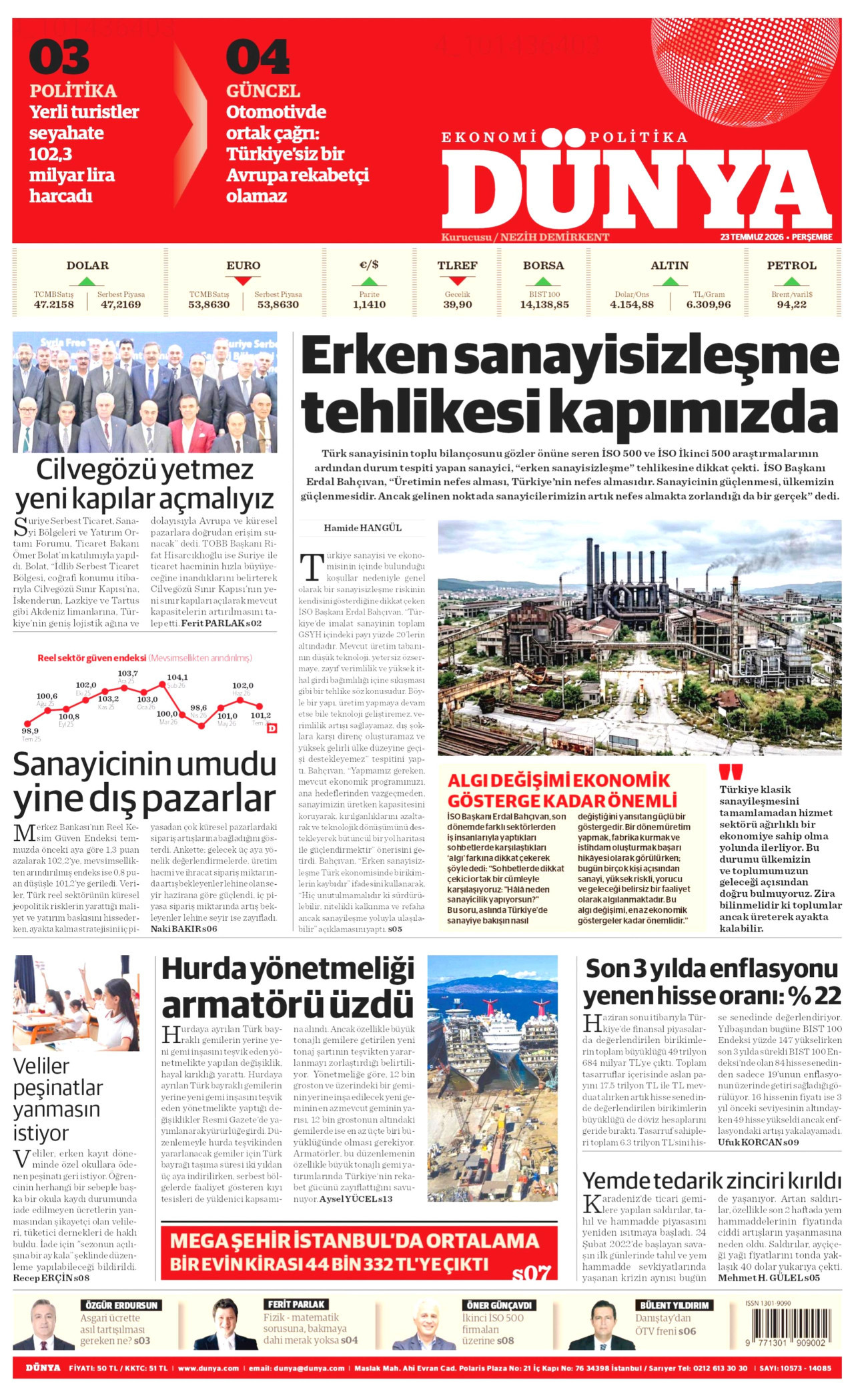 DÜNYA gazetesinin 23 Temmuz 2026 tarihli birinci sayfası