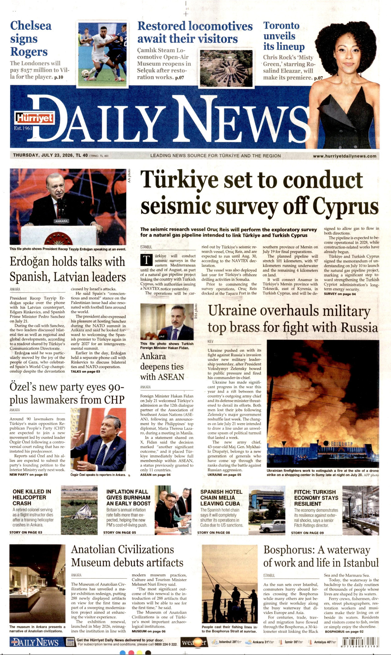 HÜRRİYET DAİLY NEWS gazetesinin 23 Temmuz 2026 tarihli birinci sayfası