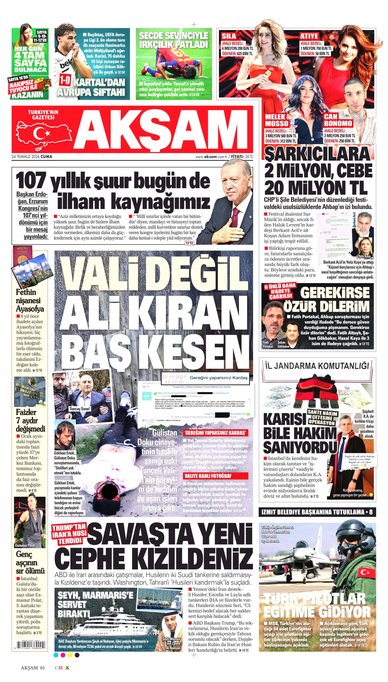 AKŞAM gazetesinin 24 Temmuz 2026 tarihli birinci sayfası