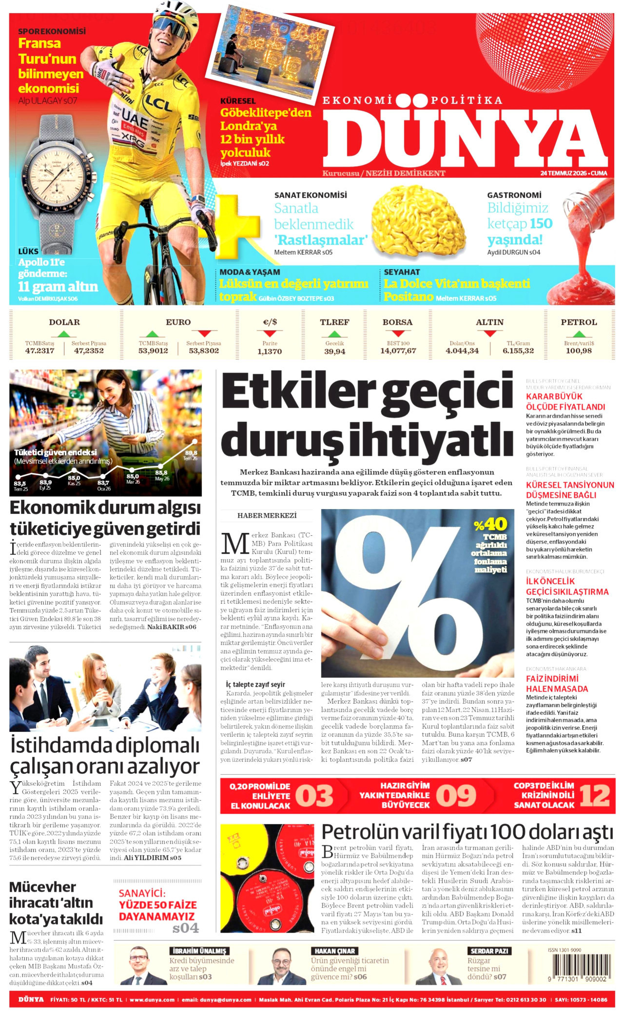 DÜNYA gazetesinin 24 Temmuz 2026 tarihli birinci sayfası