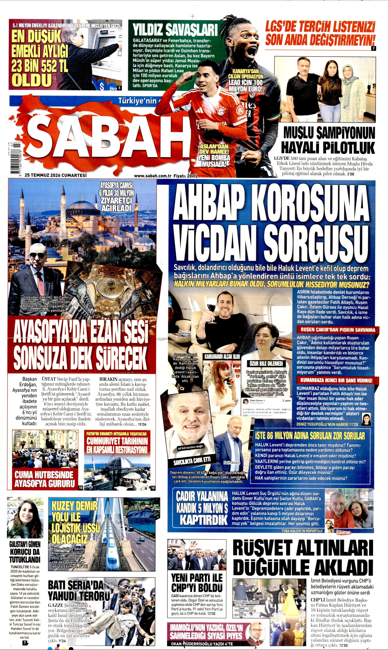 SABAH gazetesinin 25 Temmuz 2026 tarihli birinci sayfası