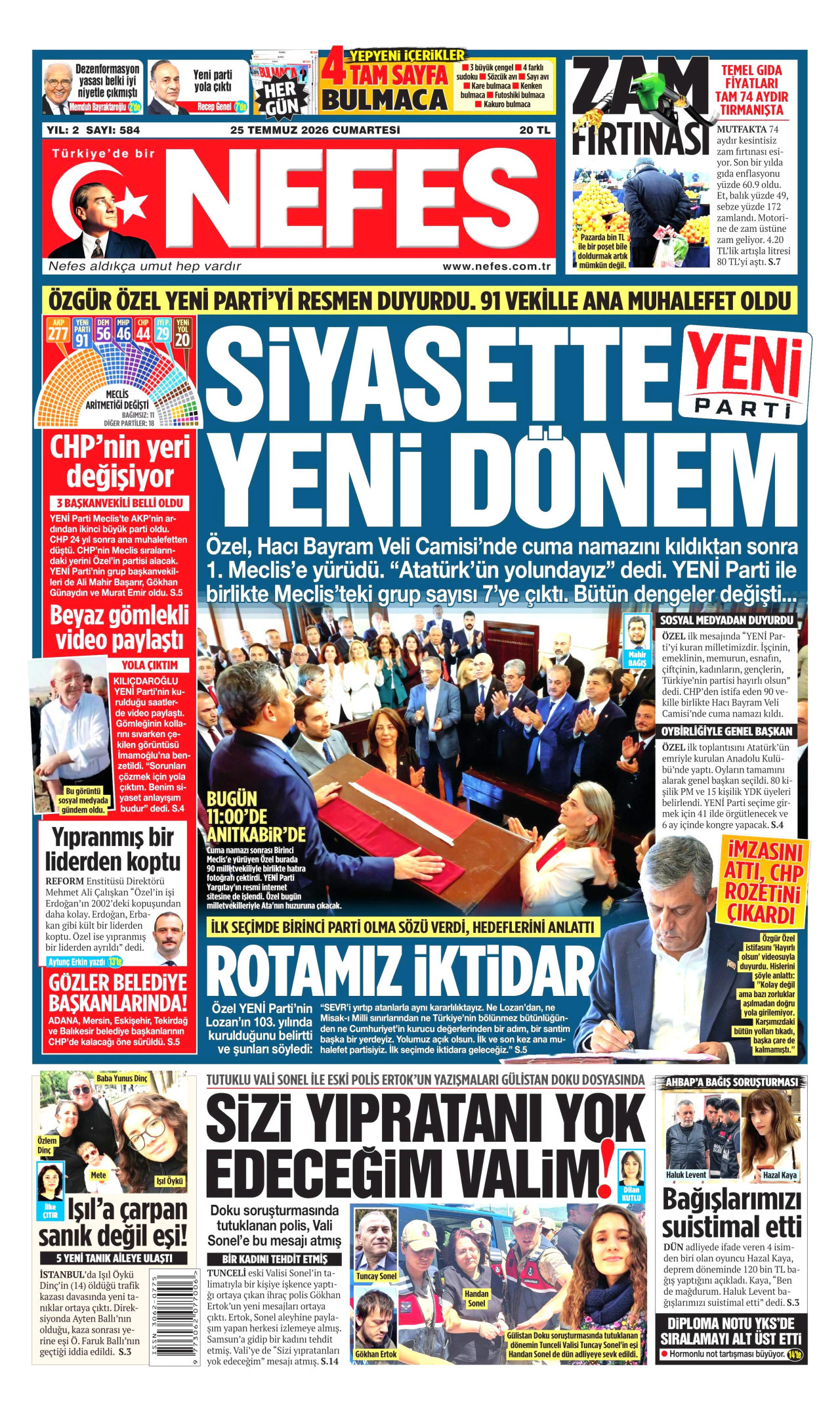 NEFES gazetesinin 25 Temmuz 2026 tarihli birinci sayfası