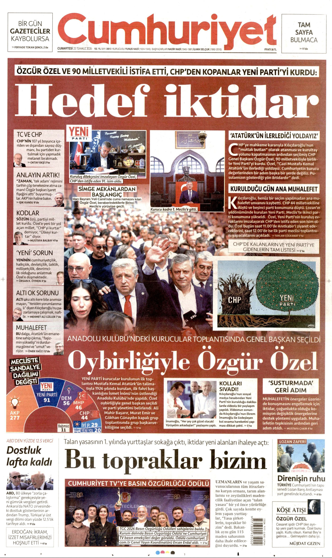CUMHURİYET gazetesinin 25 Temmuz 2026 tarihli birinci sayfası